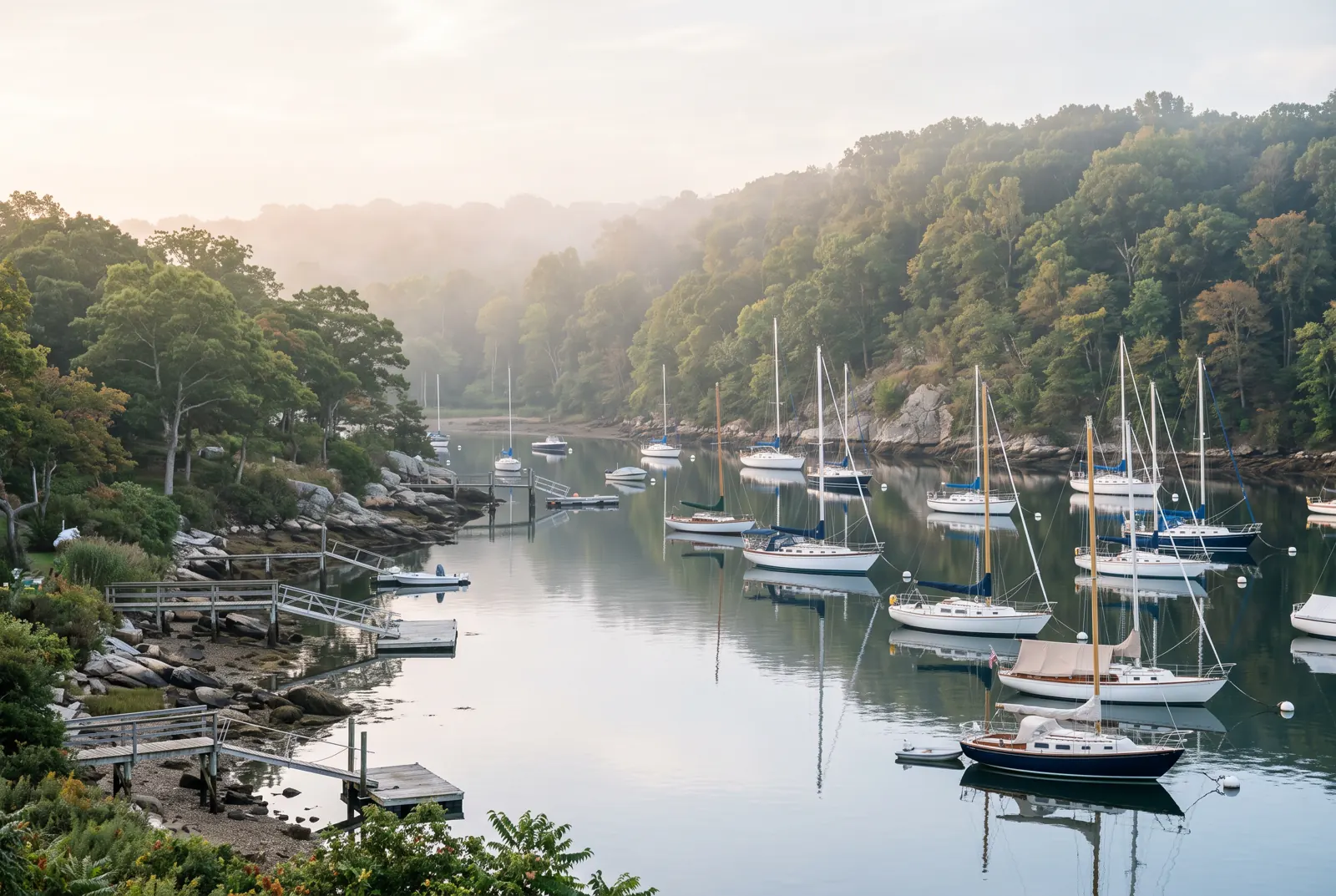 Sailboats moored in a calm harbor below wooded bluffs on a misty morning