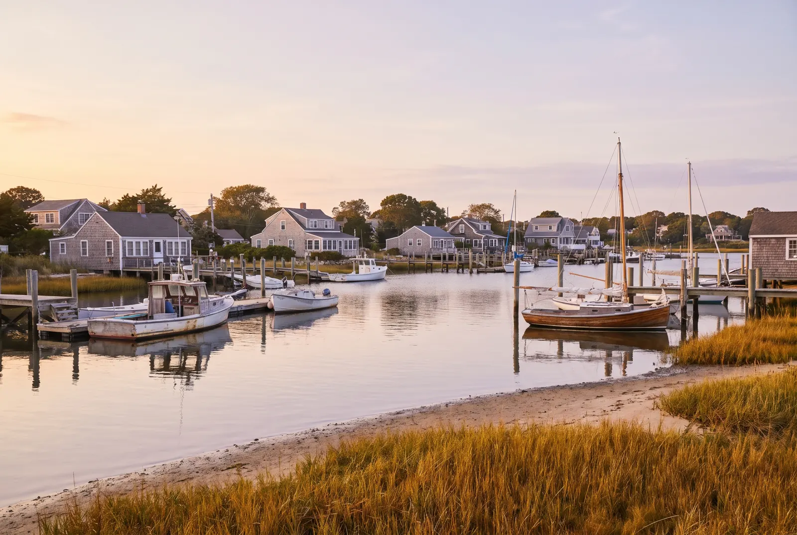 Small boats moored in a calm harbor at golden hour, with marsh grass and distant houses along the shore