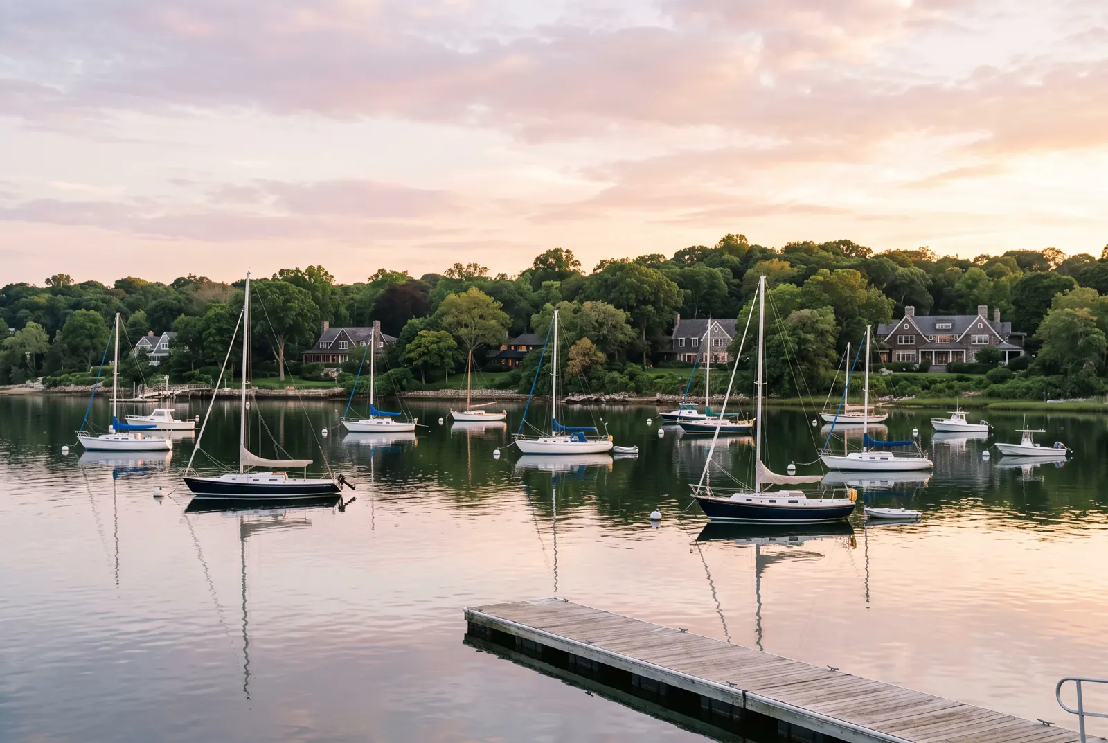Sailboats moored in a calm harbor with a wooded shoreline at golden hour