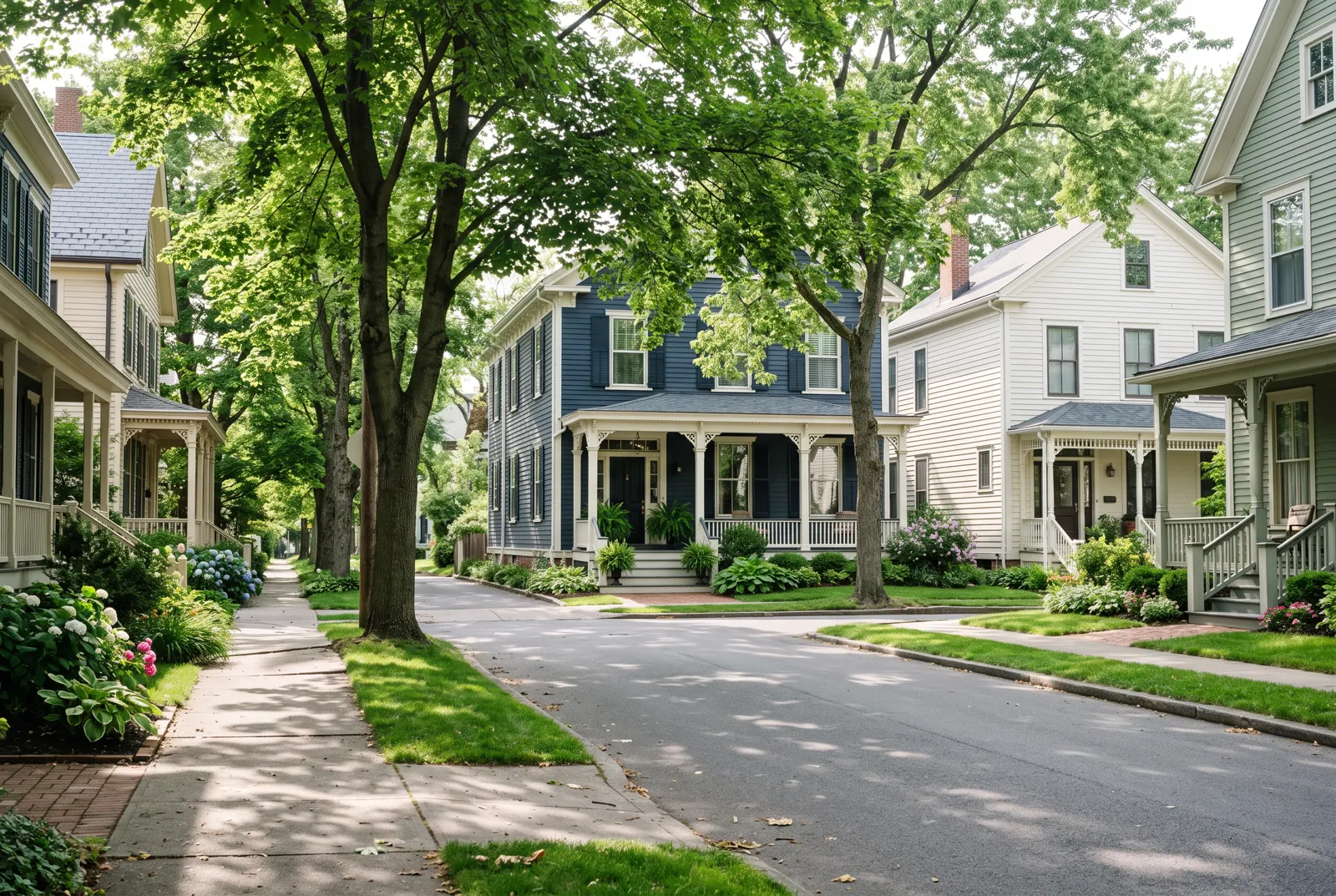 A shady residential street lined with older houses with front porches