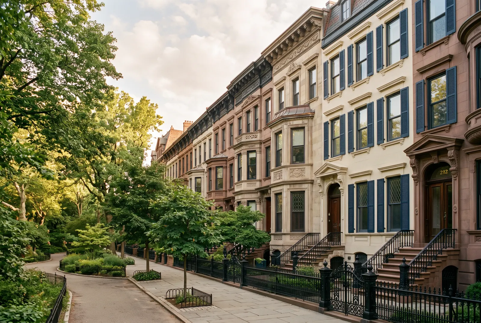Ornate brownstone and limestone row houses with high stoops facing a leafy park at golden hour.