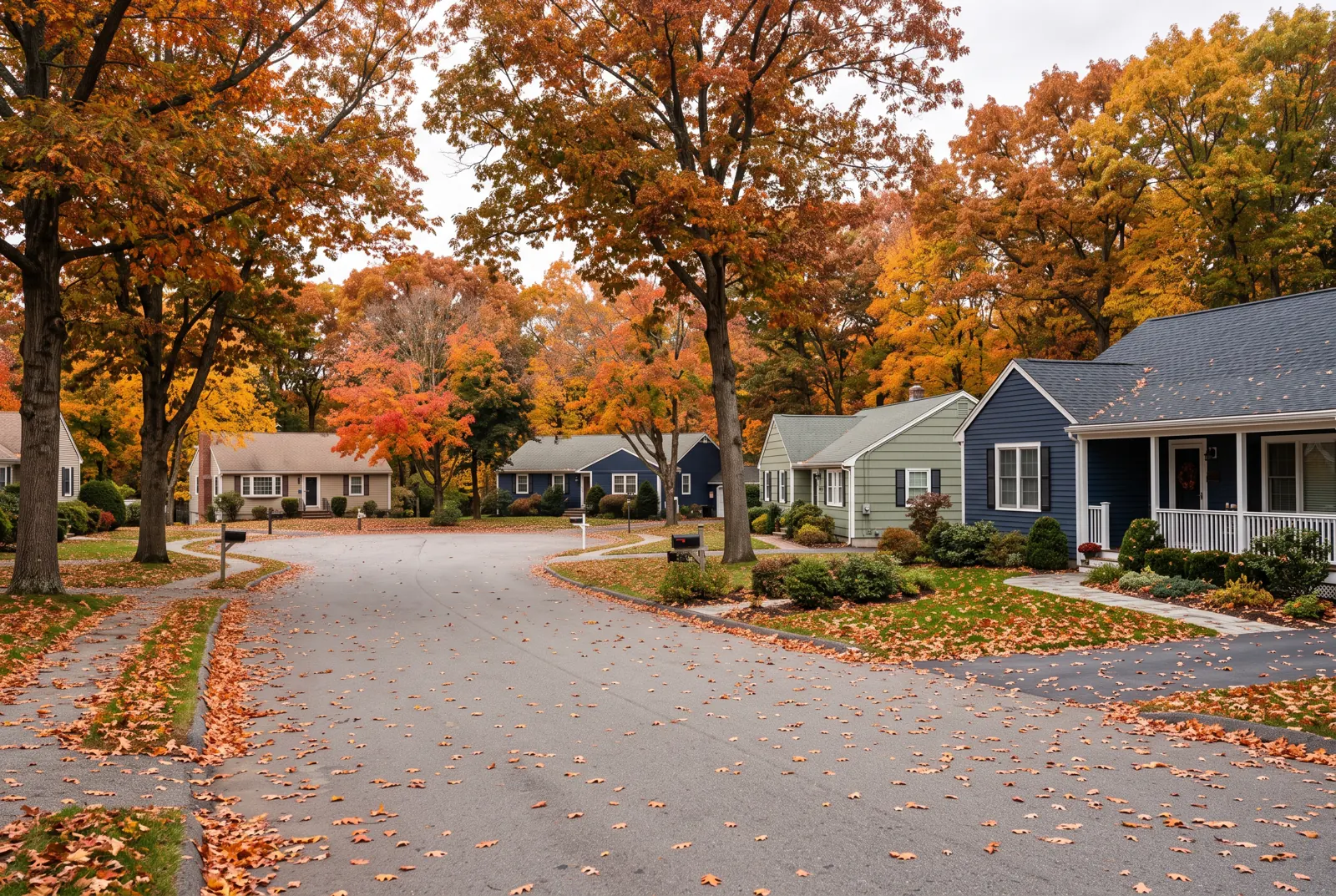 Suburban cul-de-sac with ranch houses and maple trees dropping autumn leaves