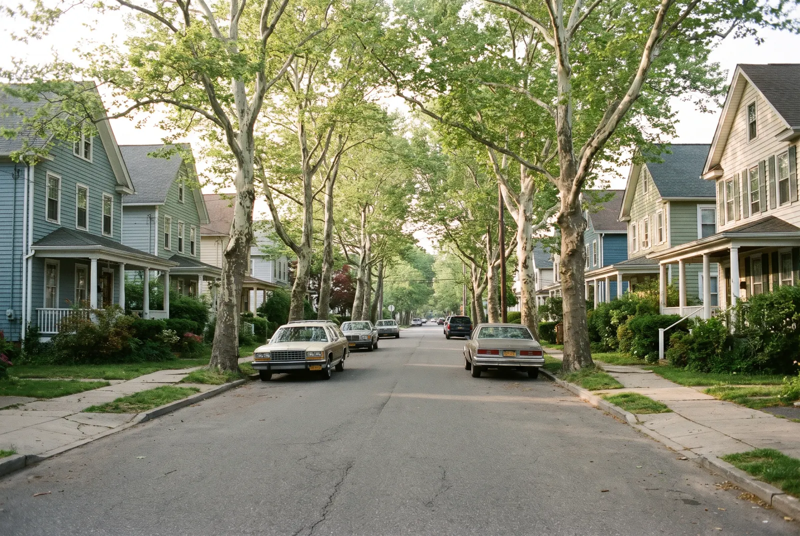 Older two-story houses with front porches along a shady, tree-lined village street