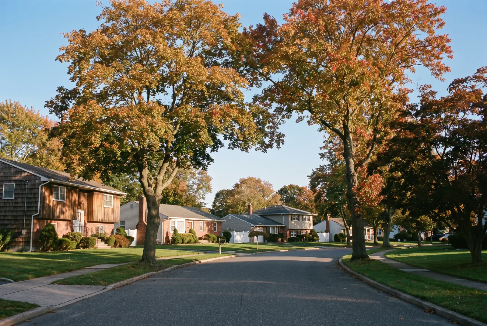 Tree-lined suburban street with split-level houses and maple trees in autumn color
