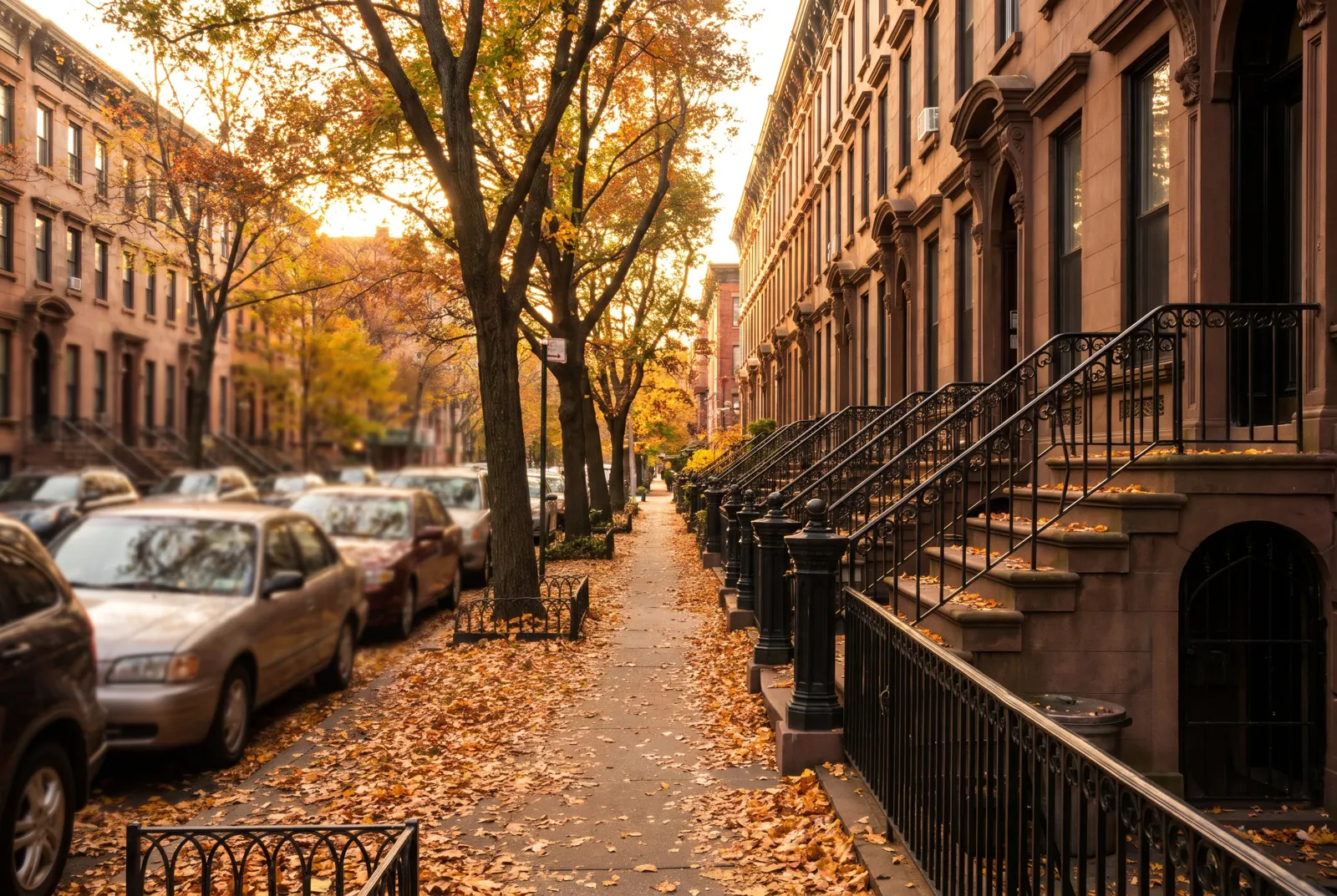 A quiet street of brownstone row houses with stoops and autumn trees