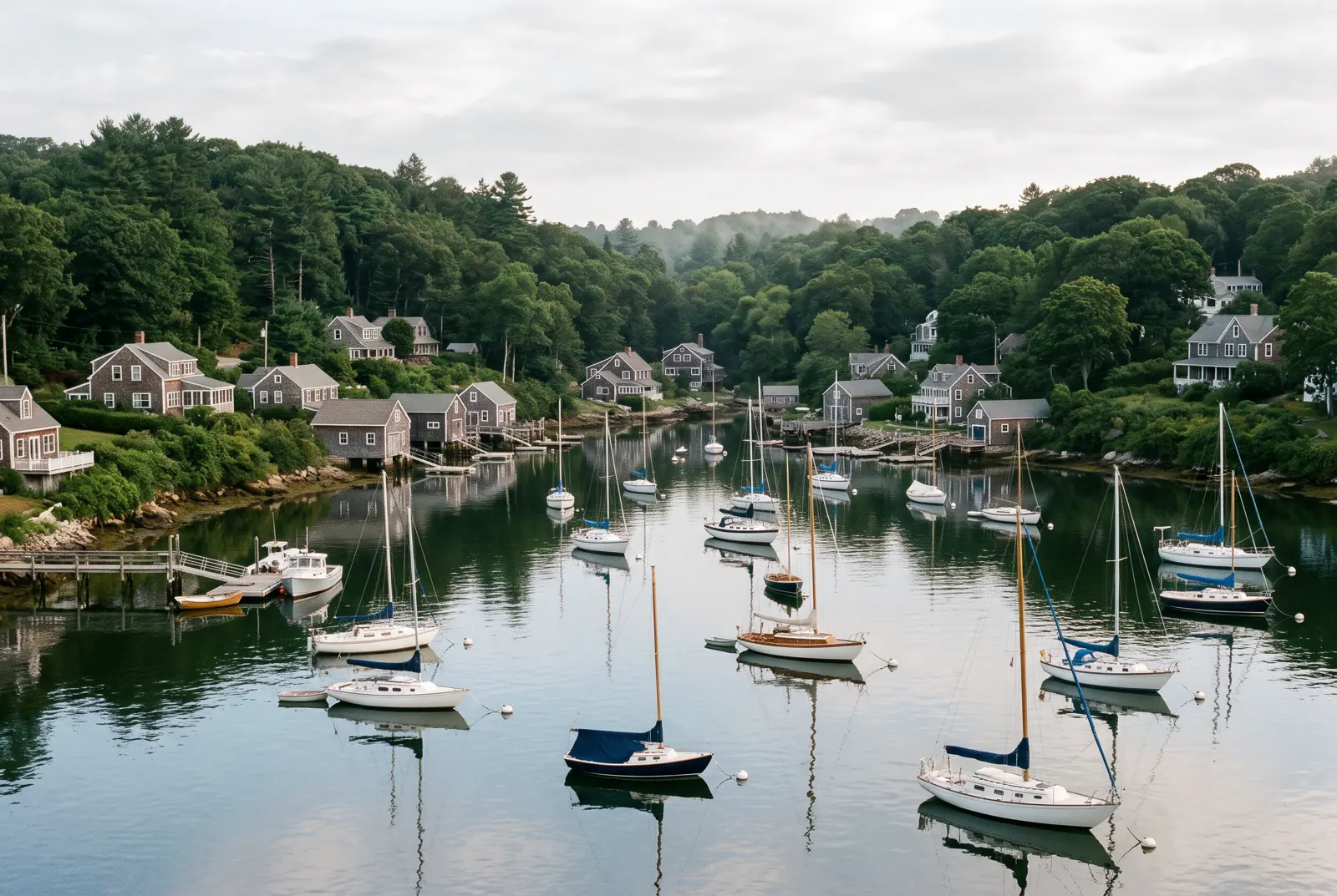 Sailboats moored in a quiet harbor with wooded hills and shingled houses along the shore