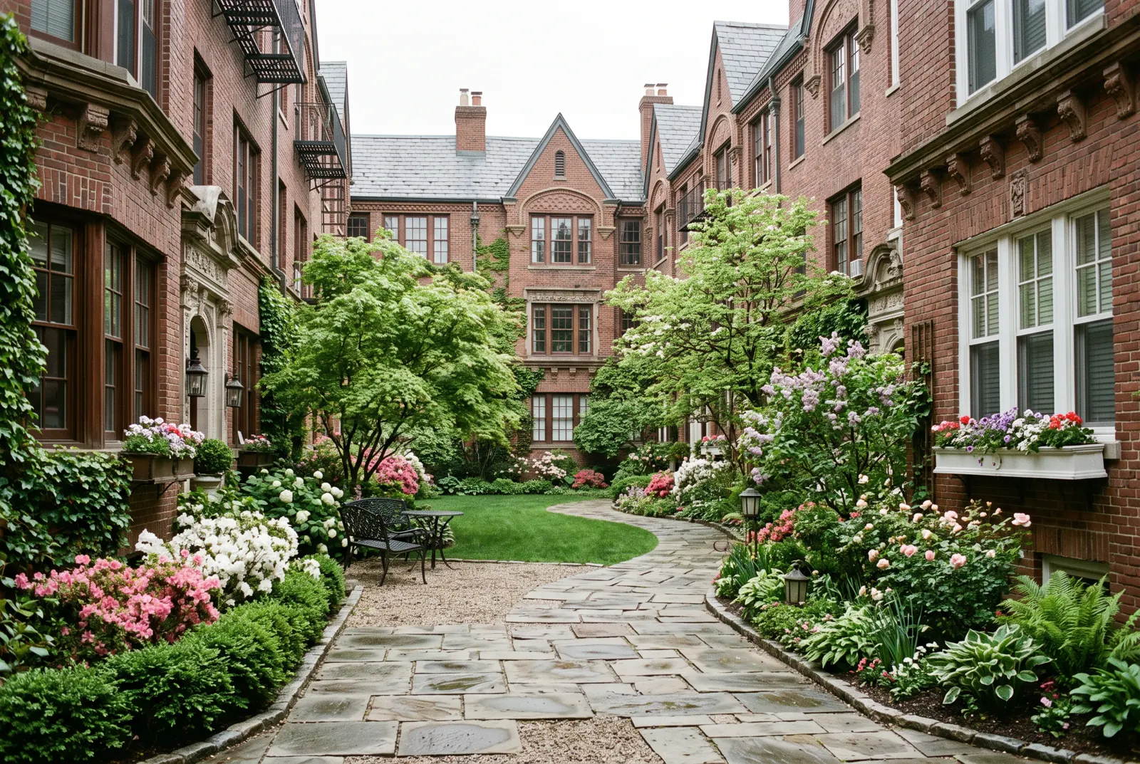 A courtyard garden surrounded by prewar brick apartment buildings