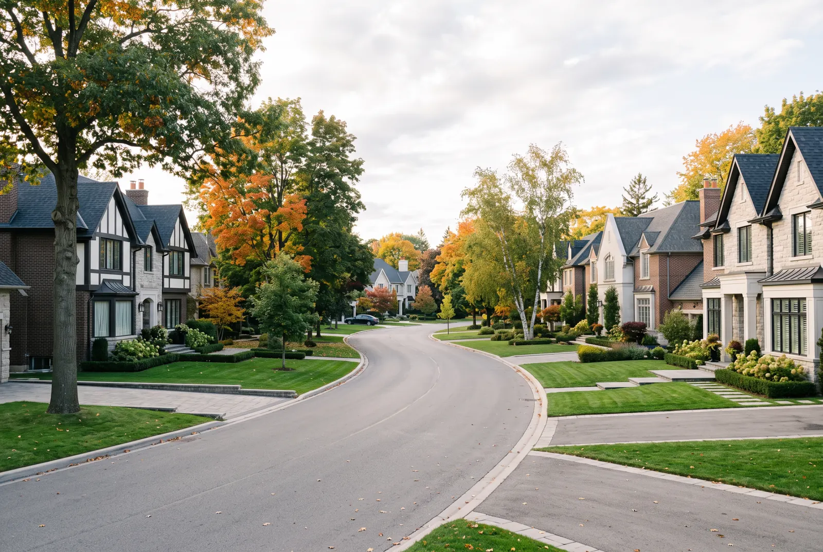 Large detached houses along a curving, tree-lined residential street