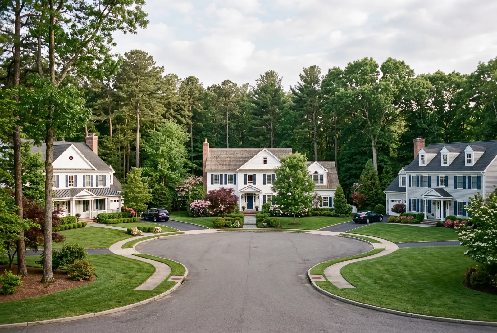 Quiet cul-de-sac with colonial-style homes and tall pine and oak trees