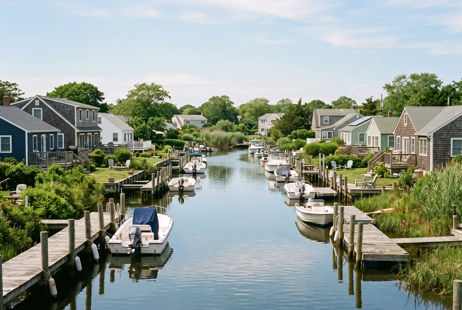Residential canal lined with small docks, moored motorboats and modest waterfront homes