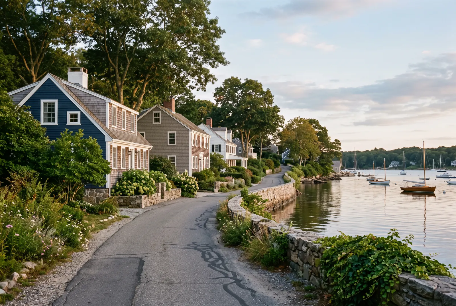 Older houses along a winding lane beside a calm bay with moored boats
