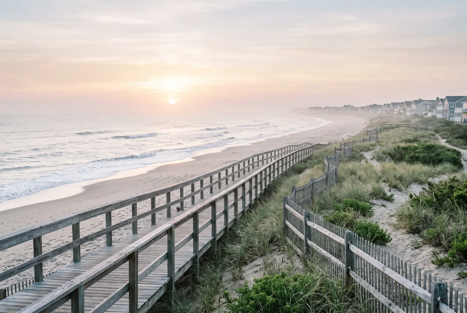 A wooden boardwalk alongside a wide sandy beach and calm ocean at sunrise