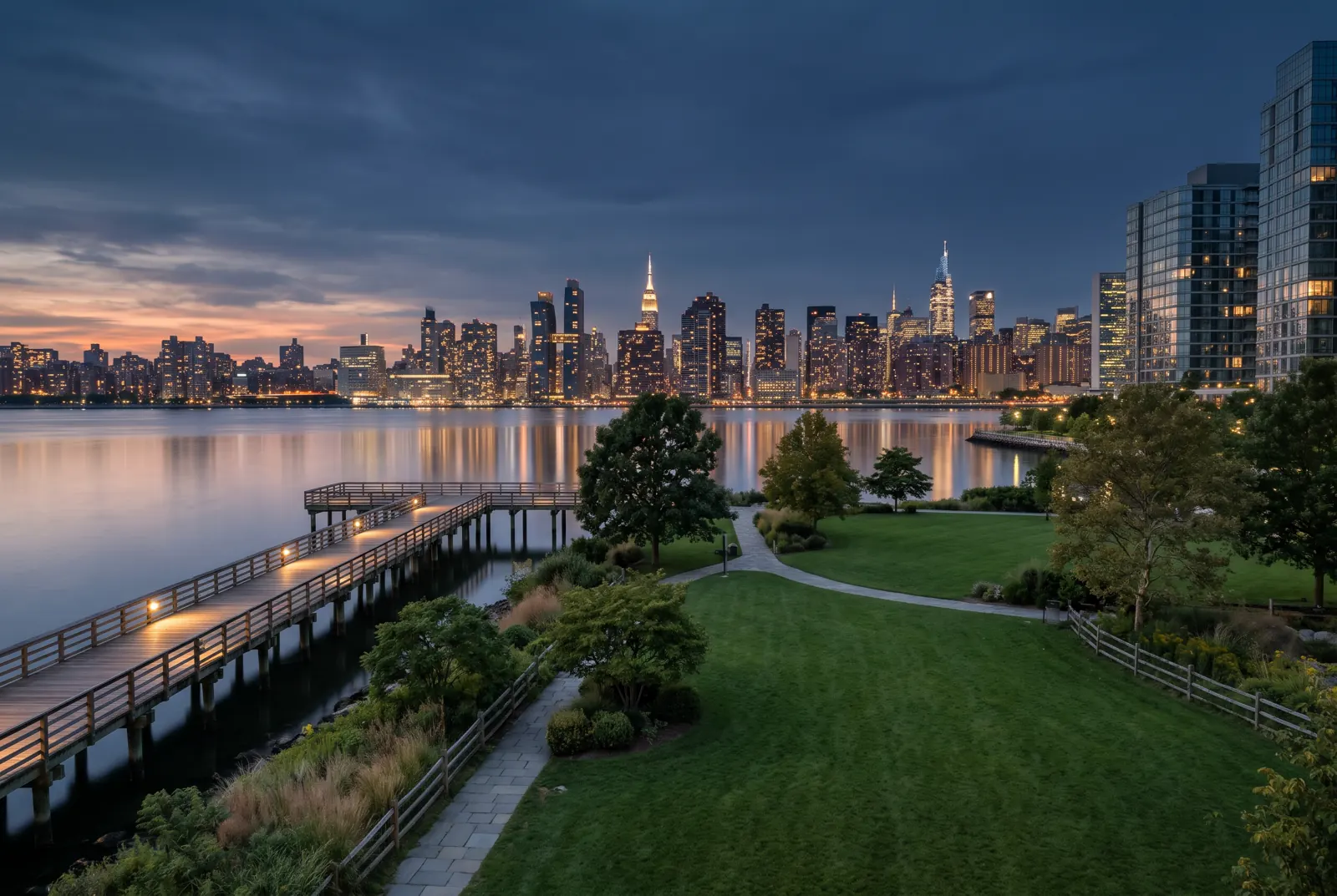 A riverside park at twilight facing a city skyline across the water