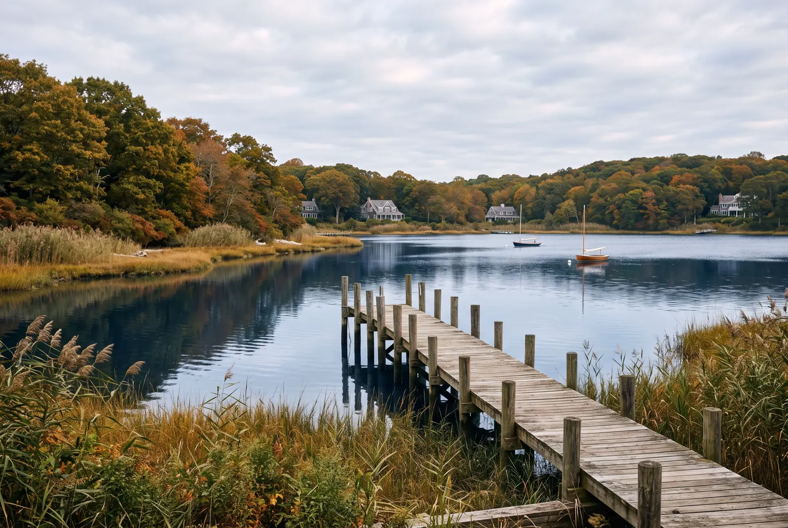 Wooden dock on a calm bay with autumn foliage along the shore