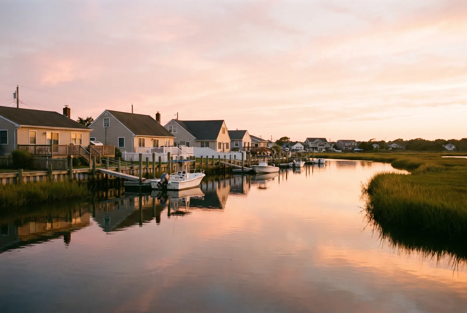 Small boats docked along a residential canal lined with houses at sunset