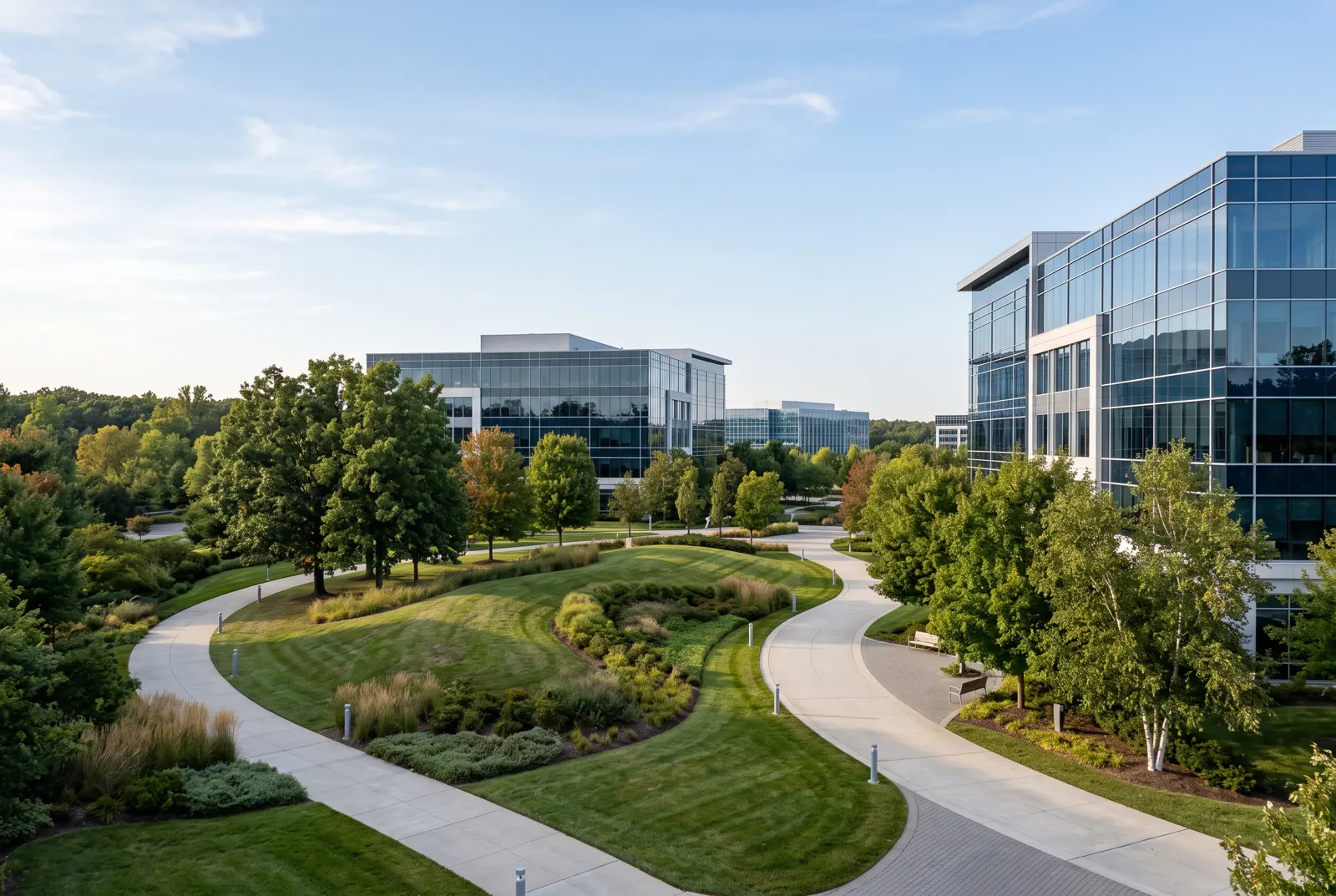 Glass office buildings set among landscaped lawns and mature trees under a clear sky