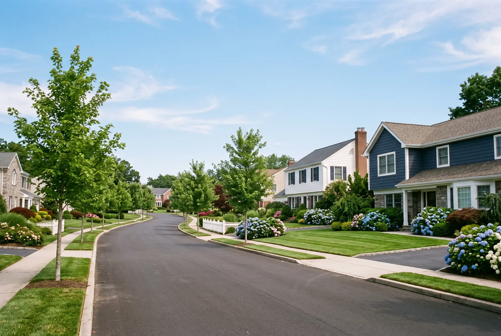 Split-level and colonial houses with lawns and hydrangeas on a suburban street
