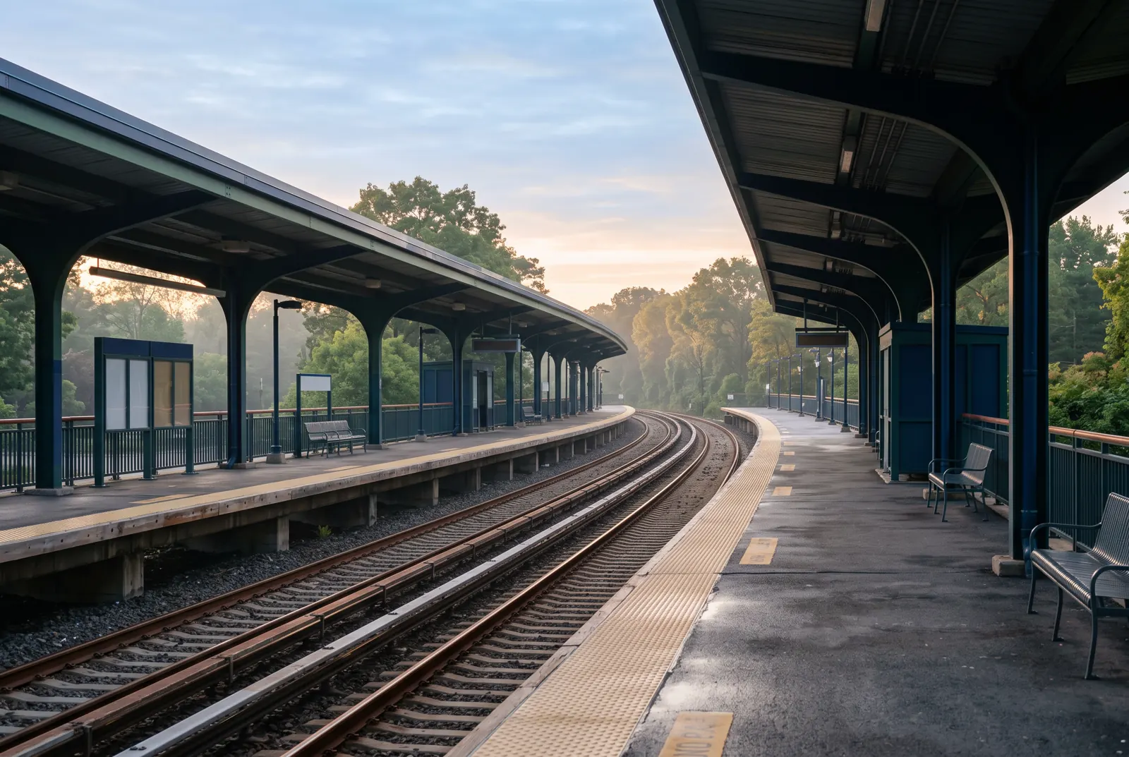 Empty commuter rail platform with tracks curving away at sunrise
