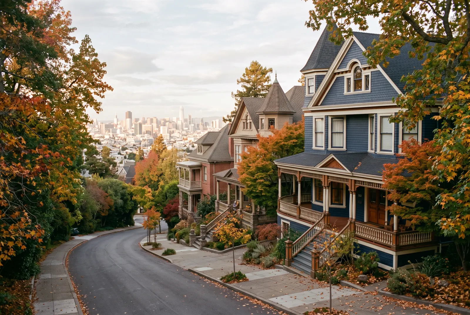 Victorian houses with porches on a hilly, tree-lined street in autumn