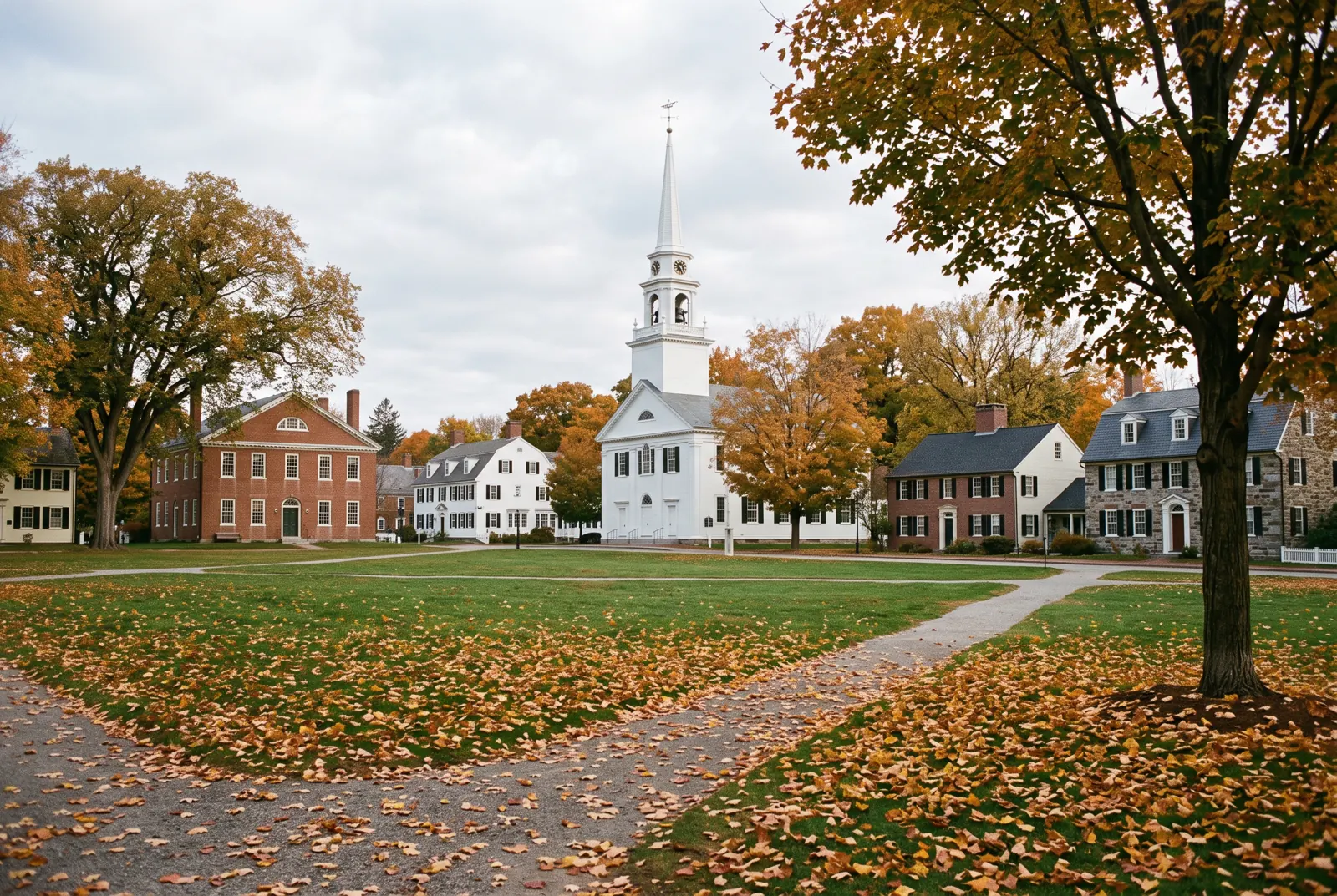 A historic town green with a white church steeple and autumn trees