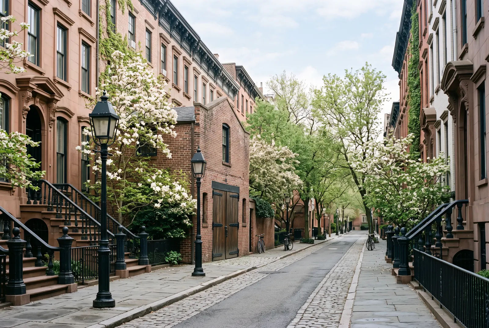 Quiet street of old brownstones and a brick carriage house with flowering trees.
