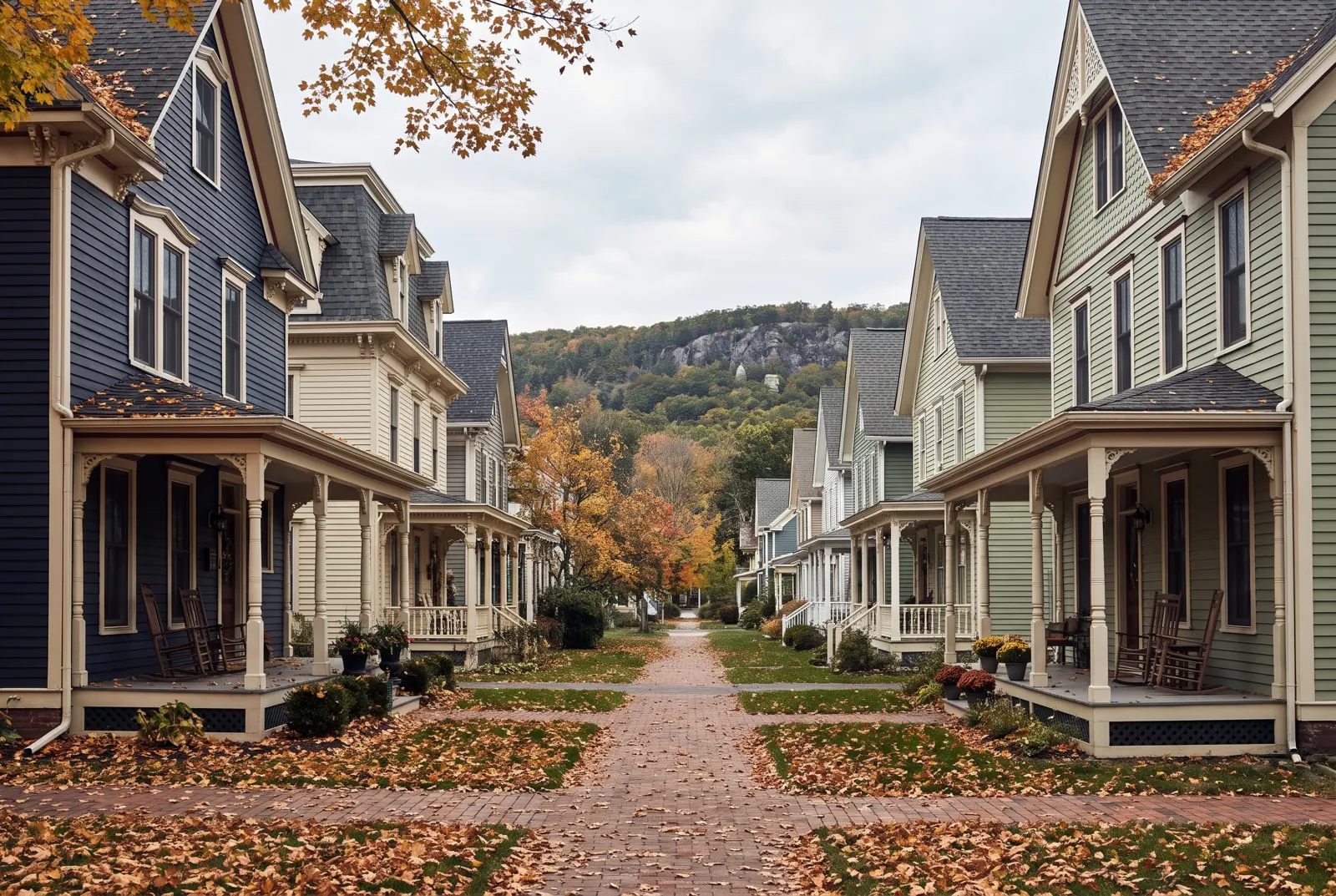 Leafy street of Victorian houses with front porches in autumn, a wooded ridge in the distance.