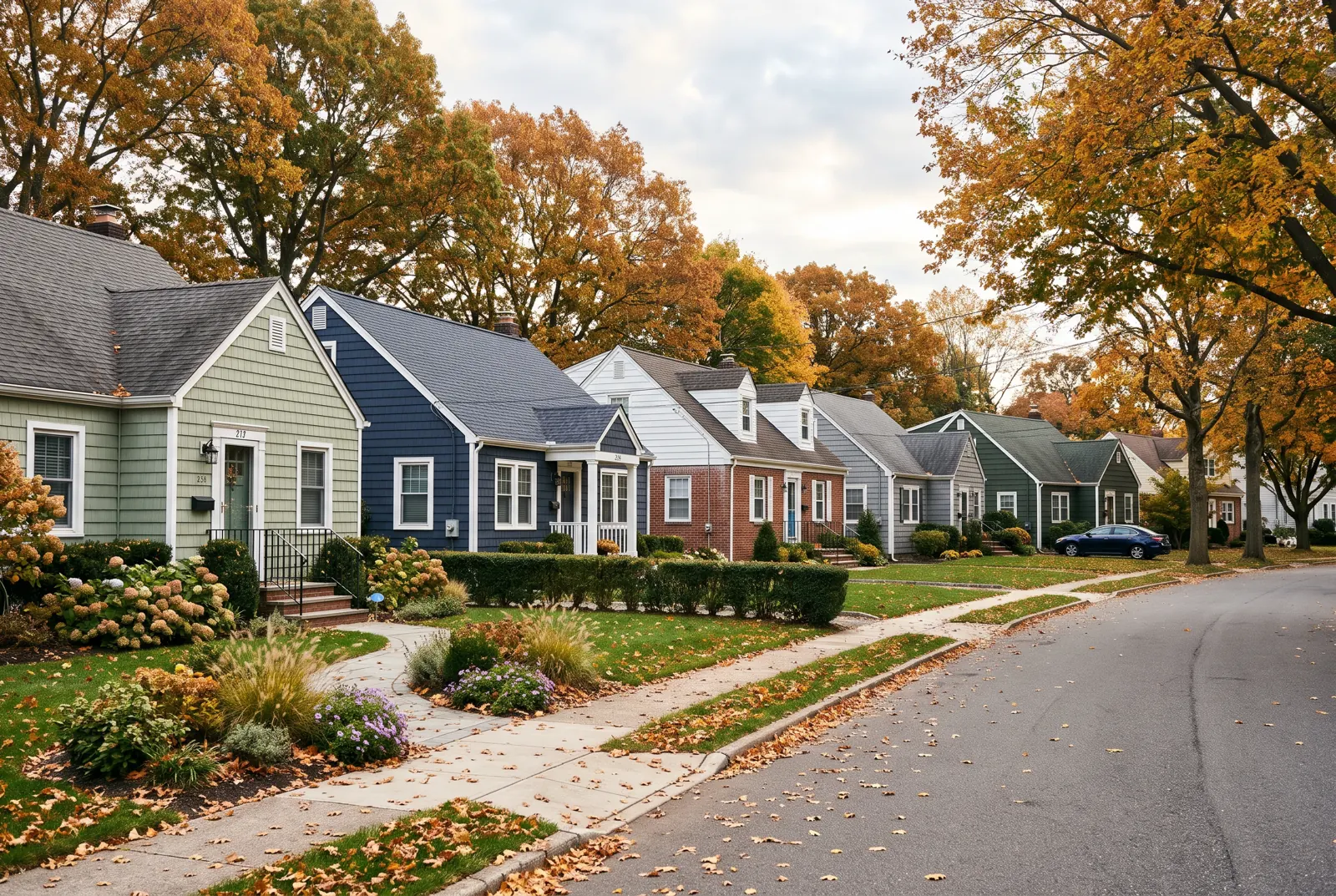 Brick and shingled Cape Cod houses with small gardens on an autumn residential block