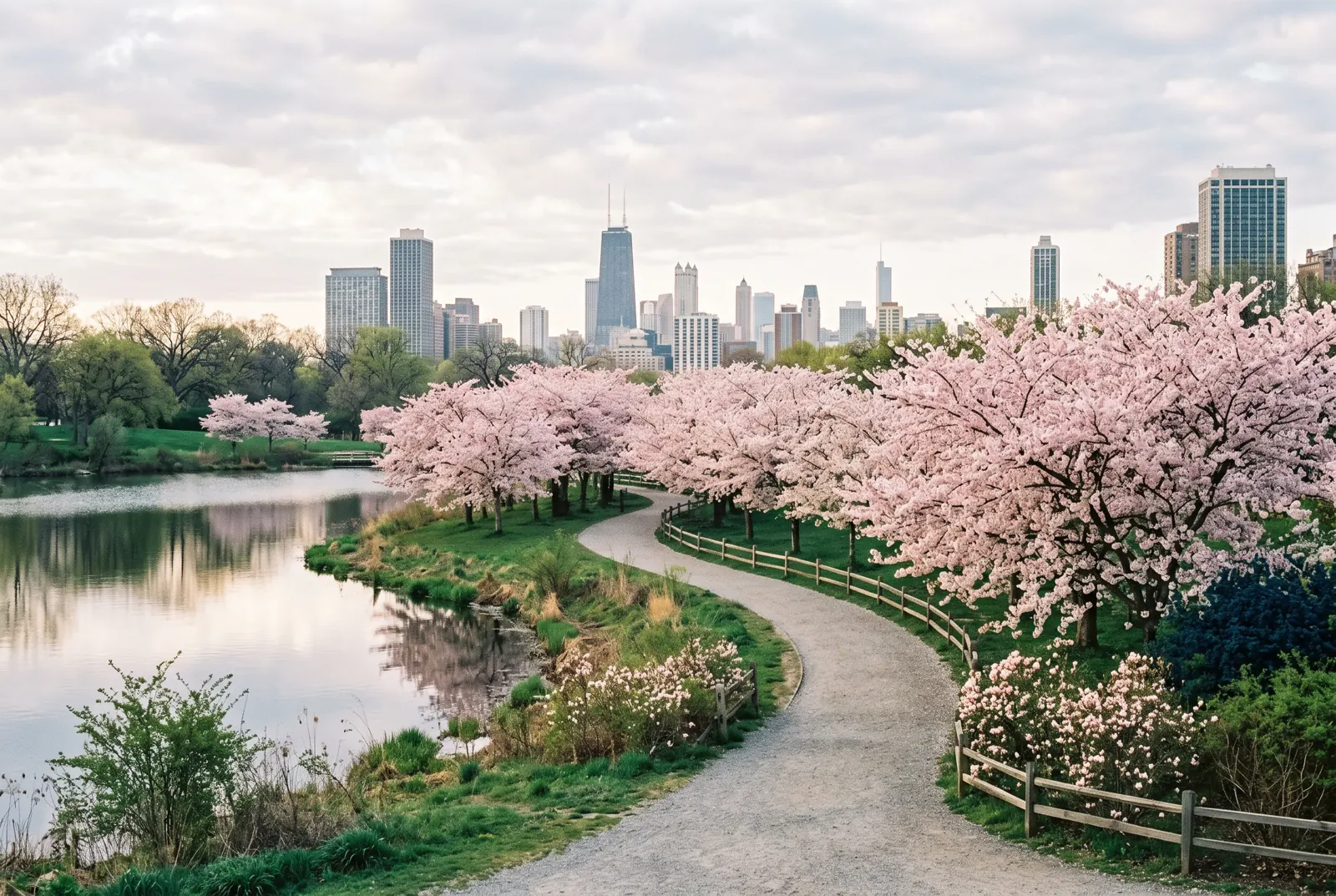Cherry trees in bloom along a park path with a city skyline beyond
