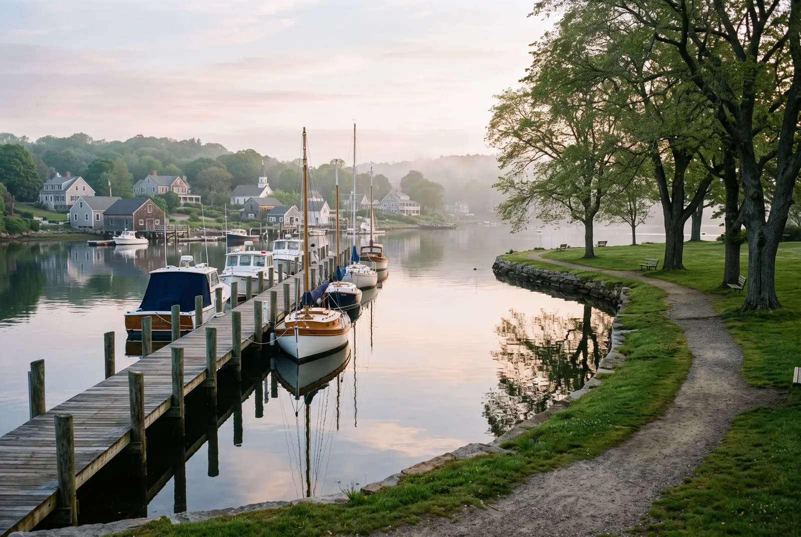 Wooden pier and grassy waterfront park beside a calm harbor with moored boats at dawn
