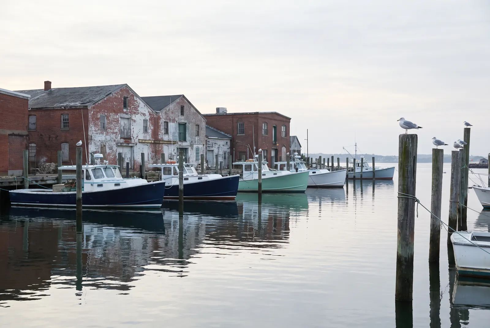 Small working boats moored in a calm harbor beside old brick waterfront buildings at dawn.