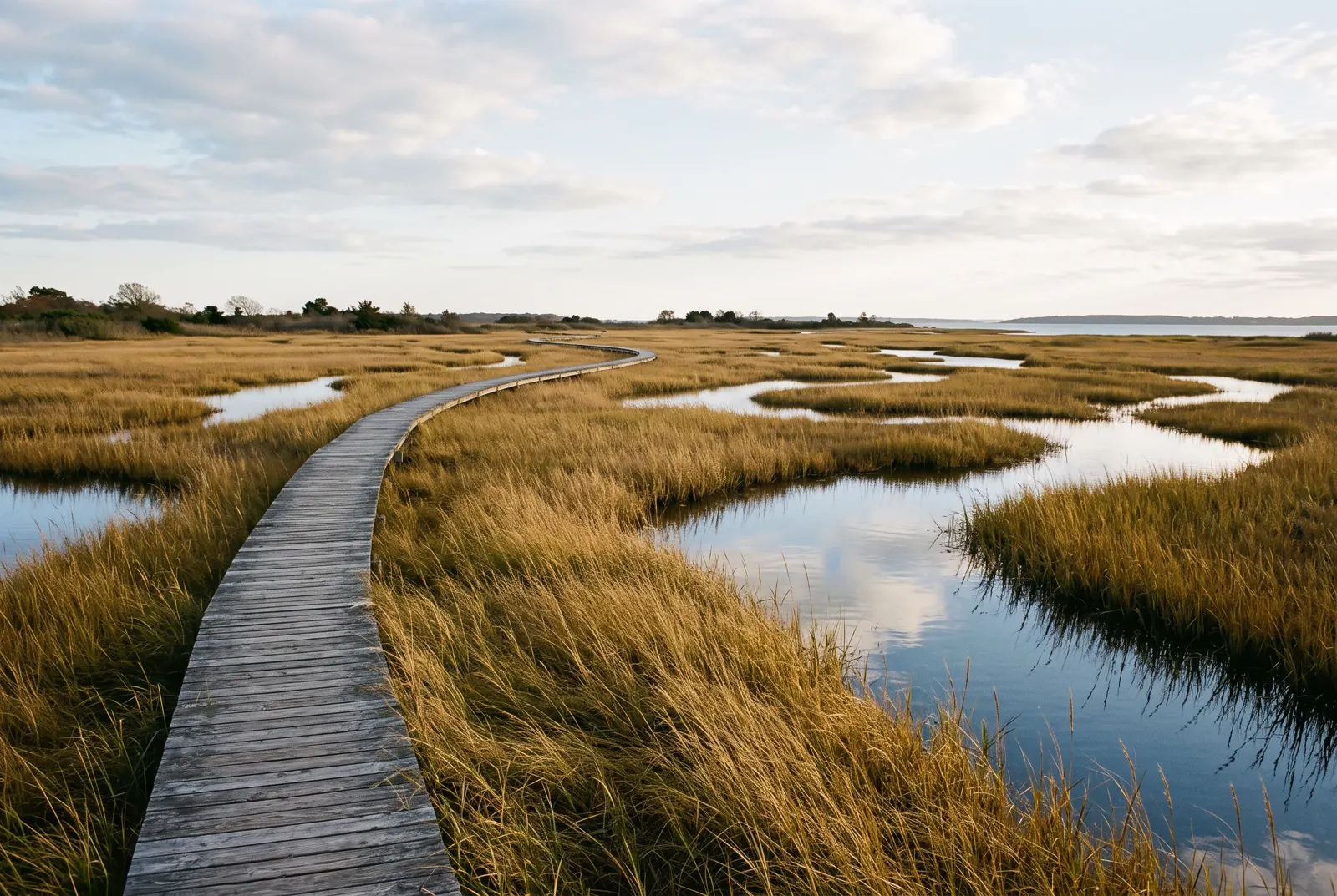 A narrow wooden trail winding through tall grasses in a tidal salt marsh