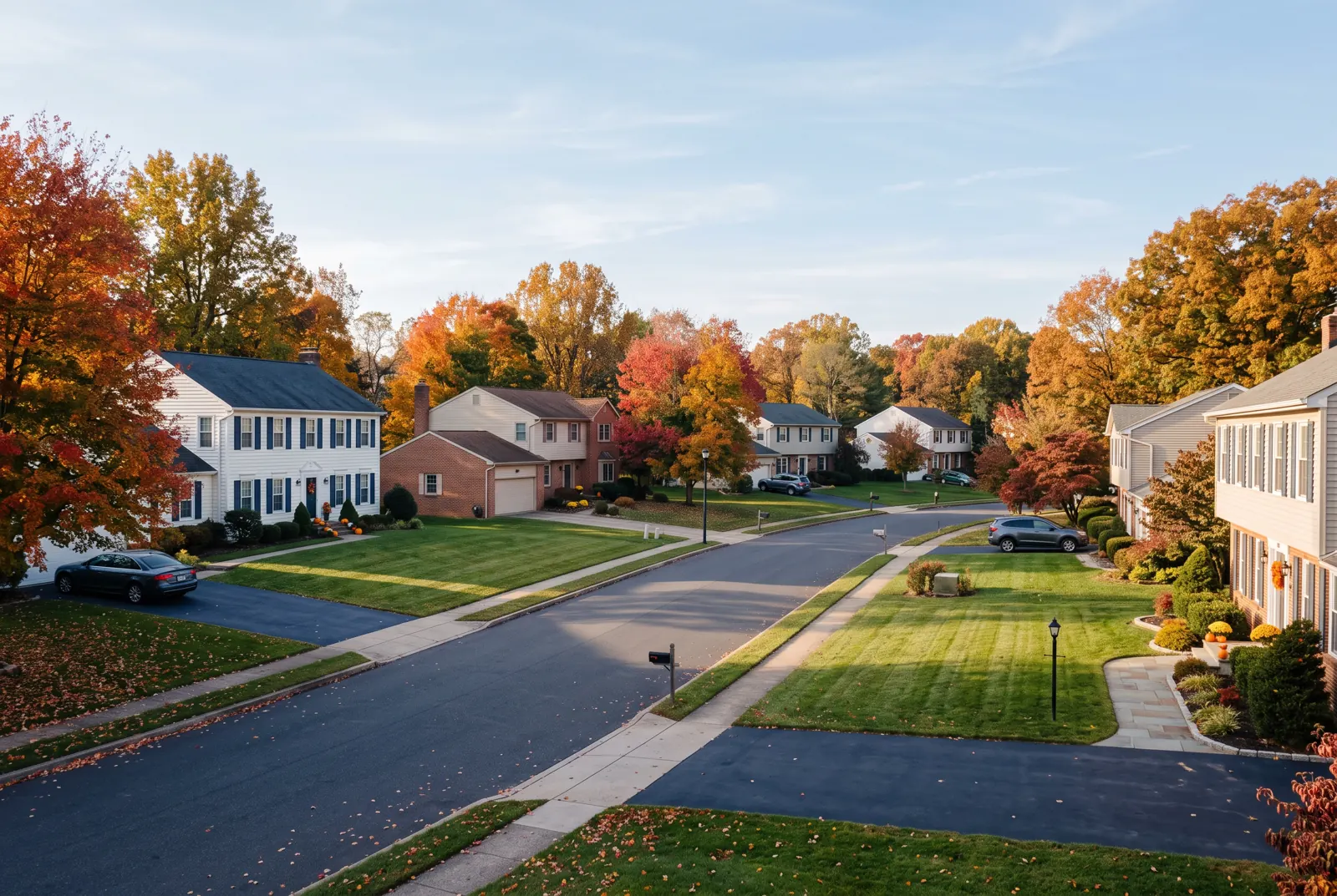 Suburban houses with wide lawns and autumn trees on a sunny morning