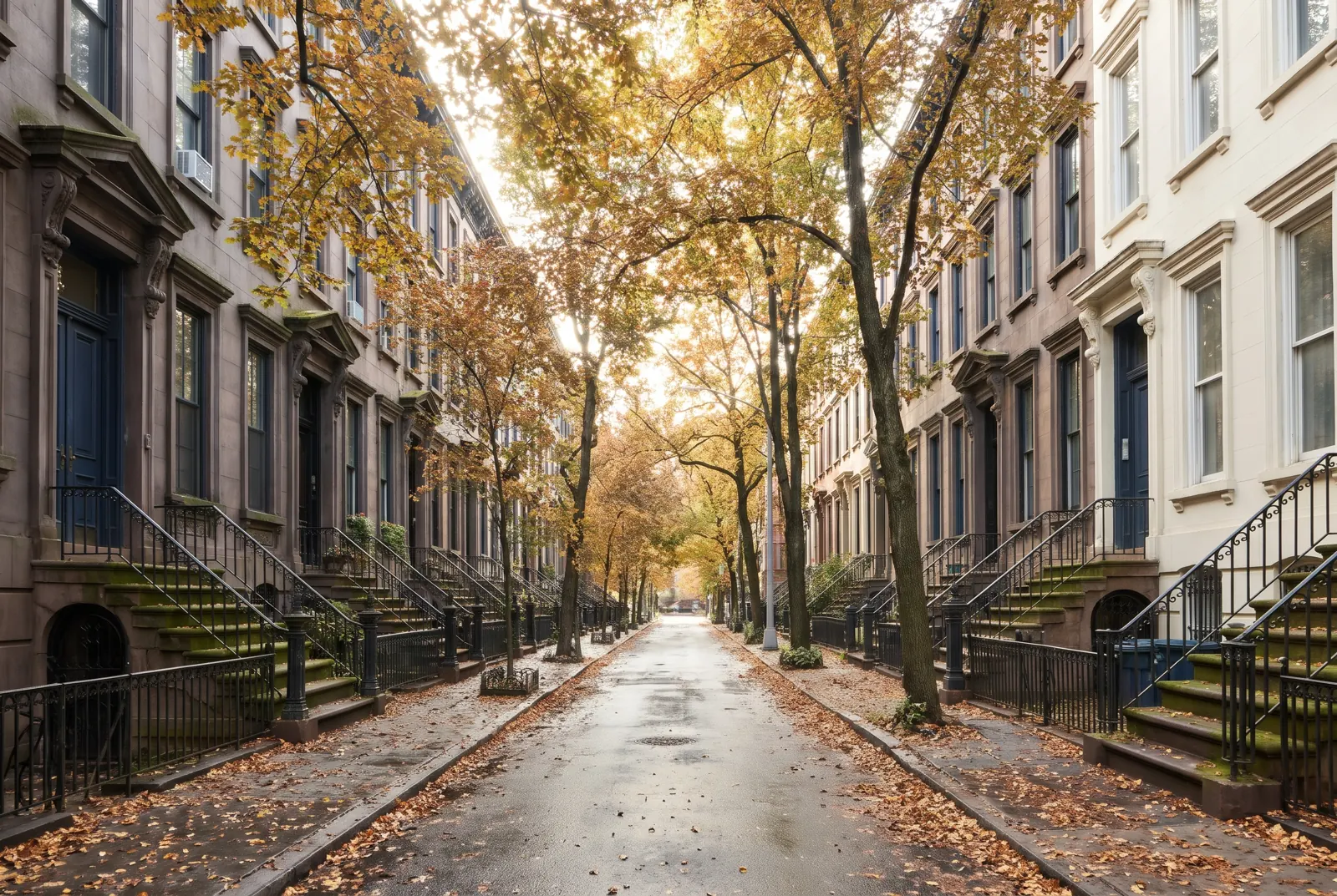 Row of brownstone houses with high stoops on a leafy street in autumn.