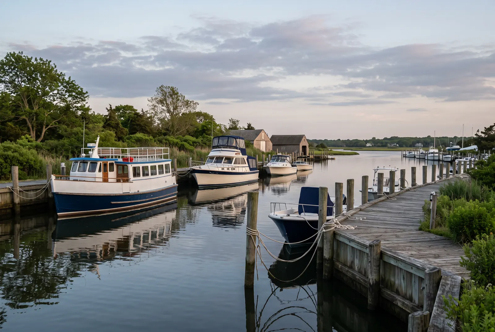 Boats and ferries tied along wooden bulkheads on a calm river harbor at evening