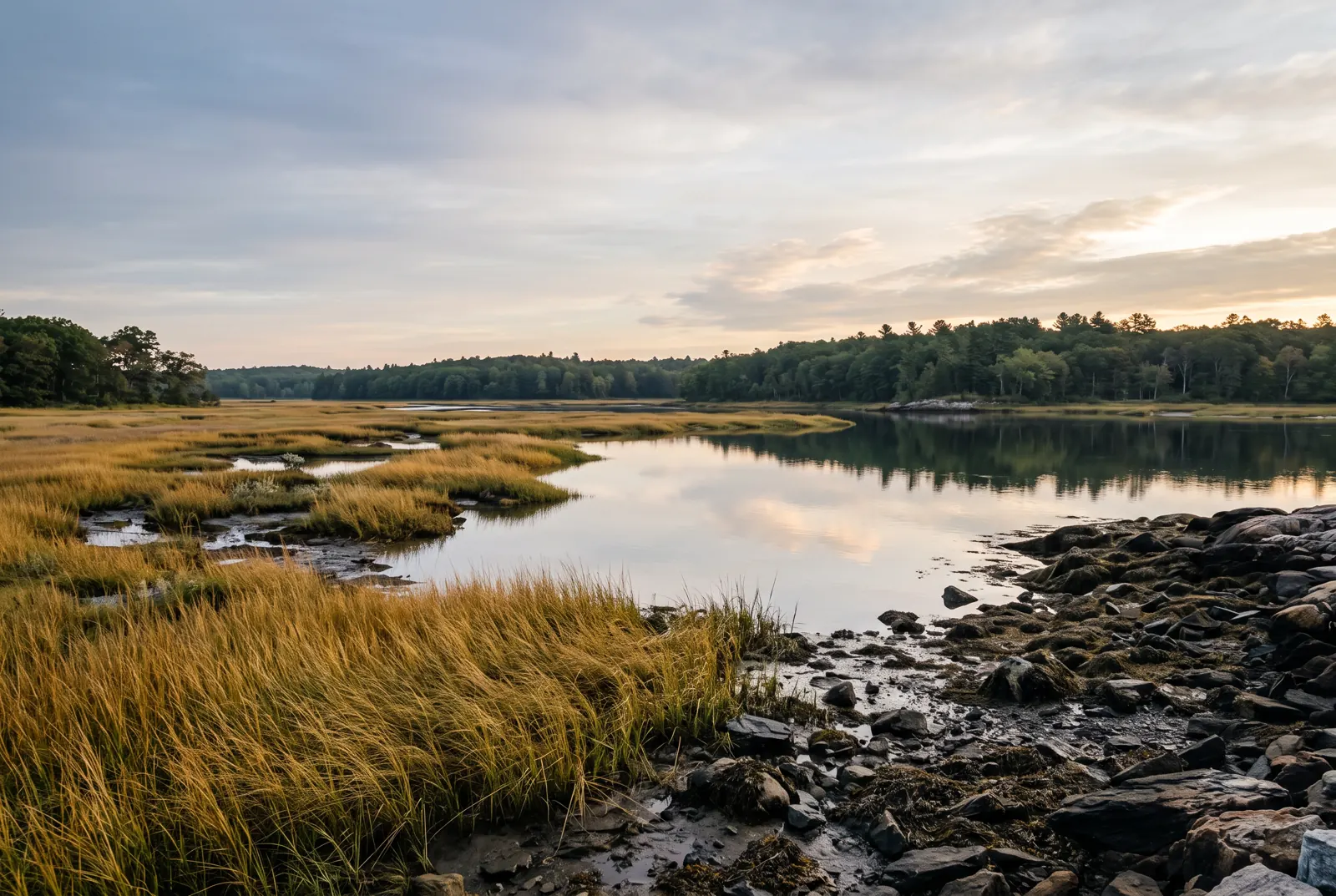 Salt marsh grasses and a calm inlet at the edge of a wooded park
