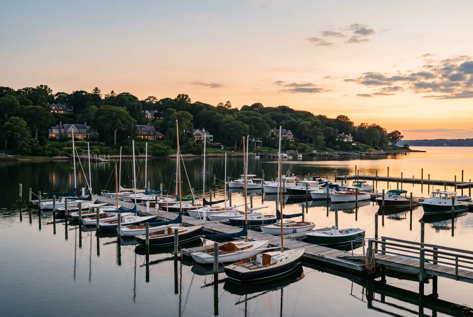 Marina with sailboats at wooden docks on a calm bay at sunset