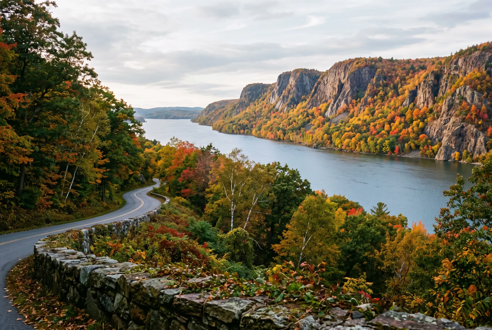 A wooded hillside overlooking a wide river and cliffs in autumn