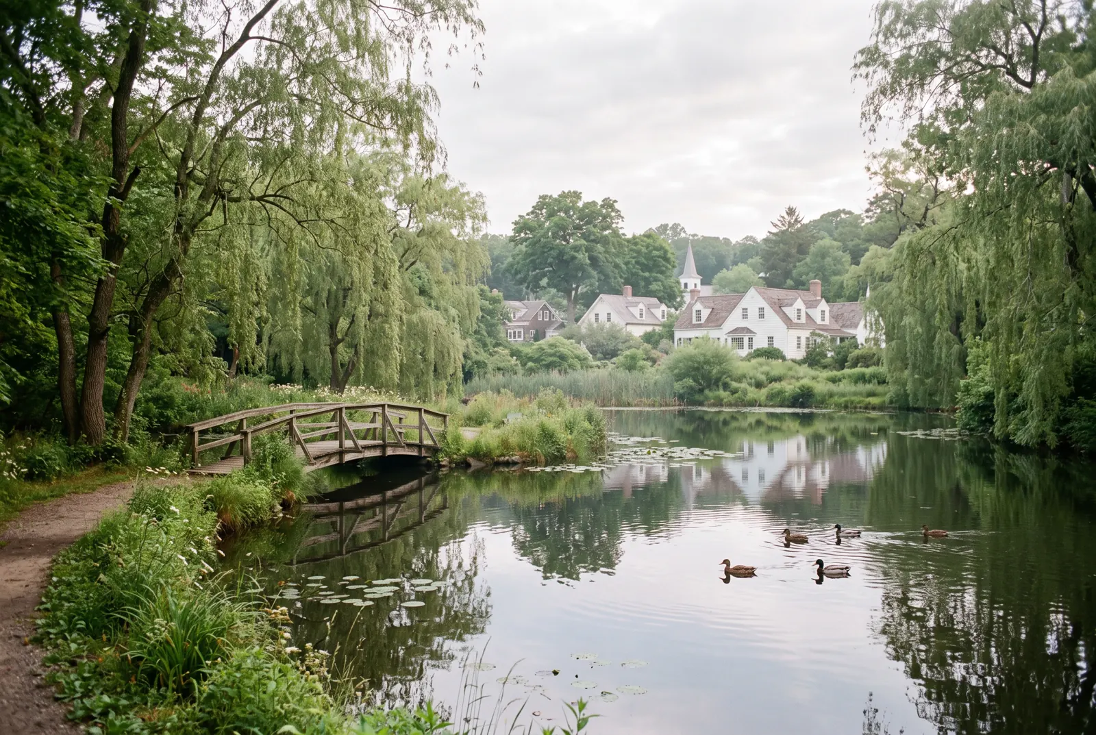 Village pond with weeping willows and a small footbridge in early morning light