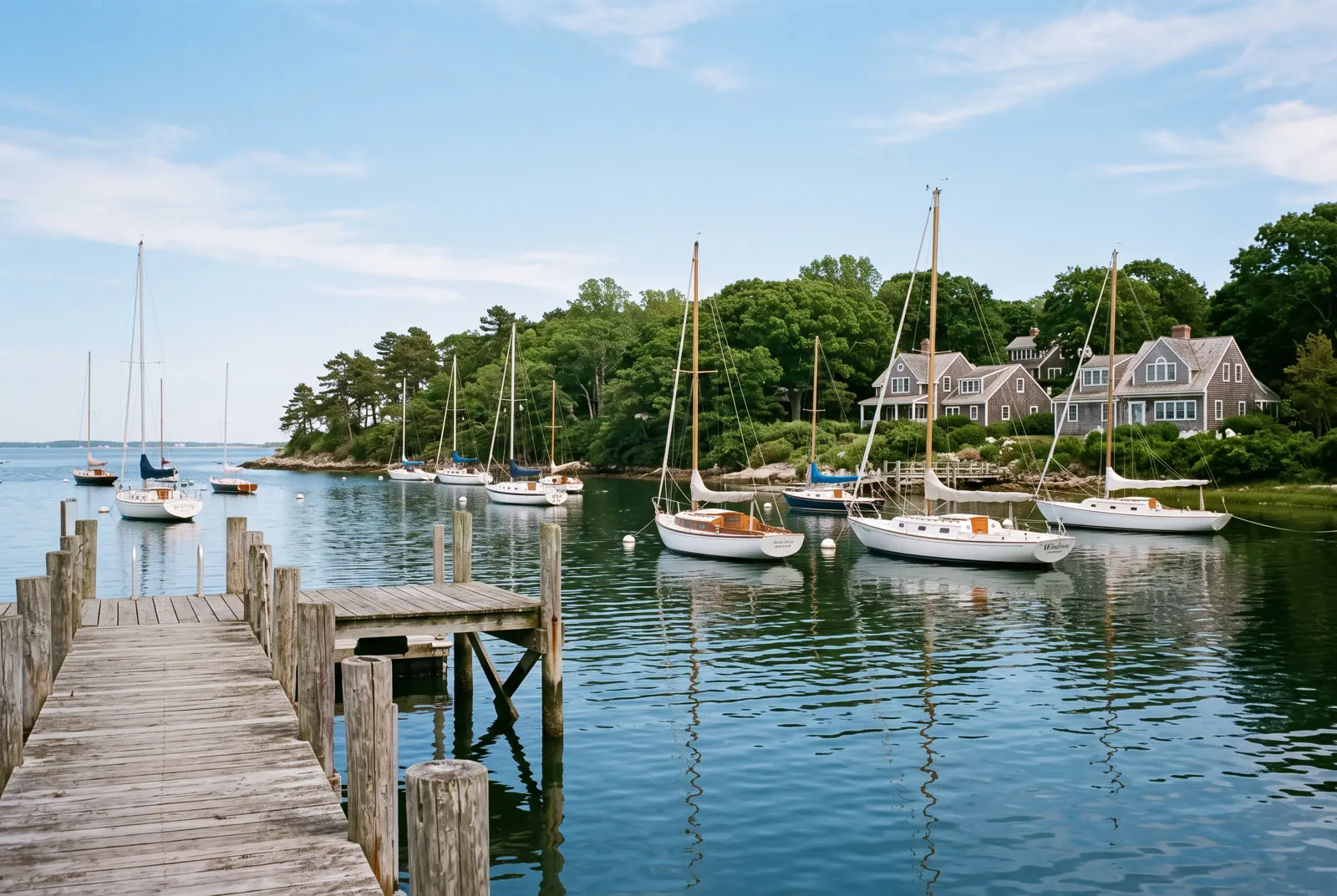 Sailboats moored in a small harbor cove with a wooden dock and shingled houses among trees on the far shore