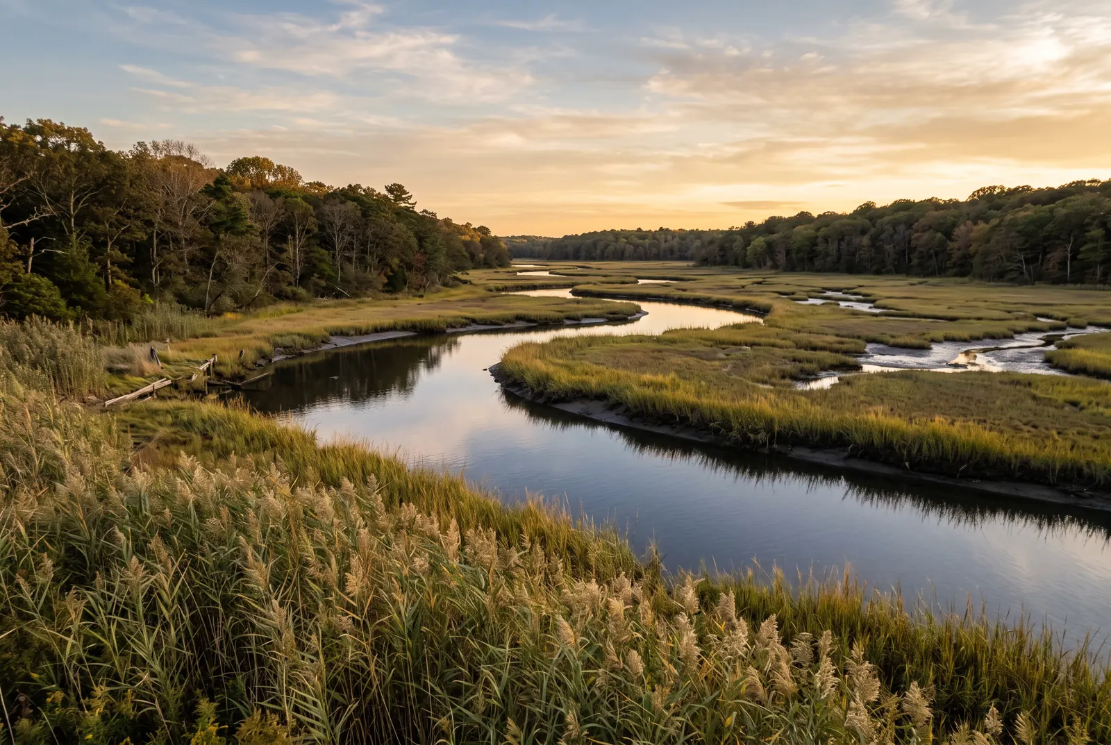 A slow river curving through salt marsh and wooded banks in golden evening light