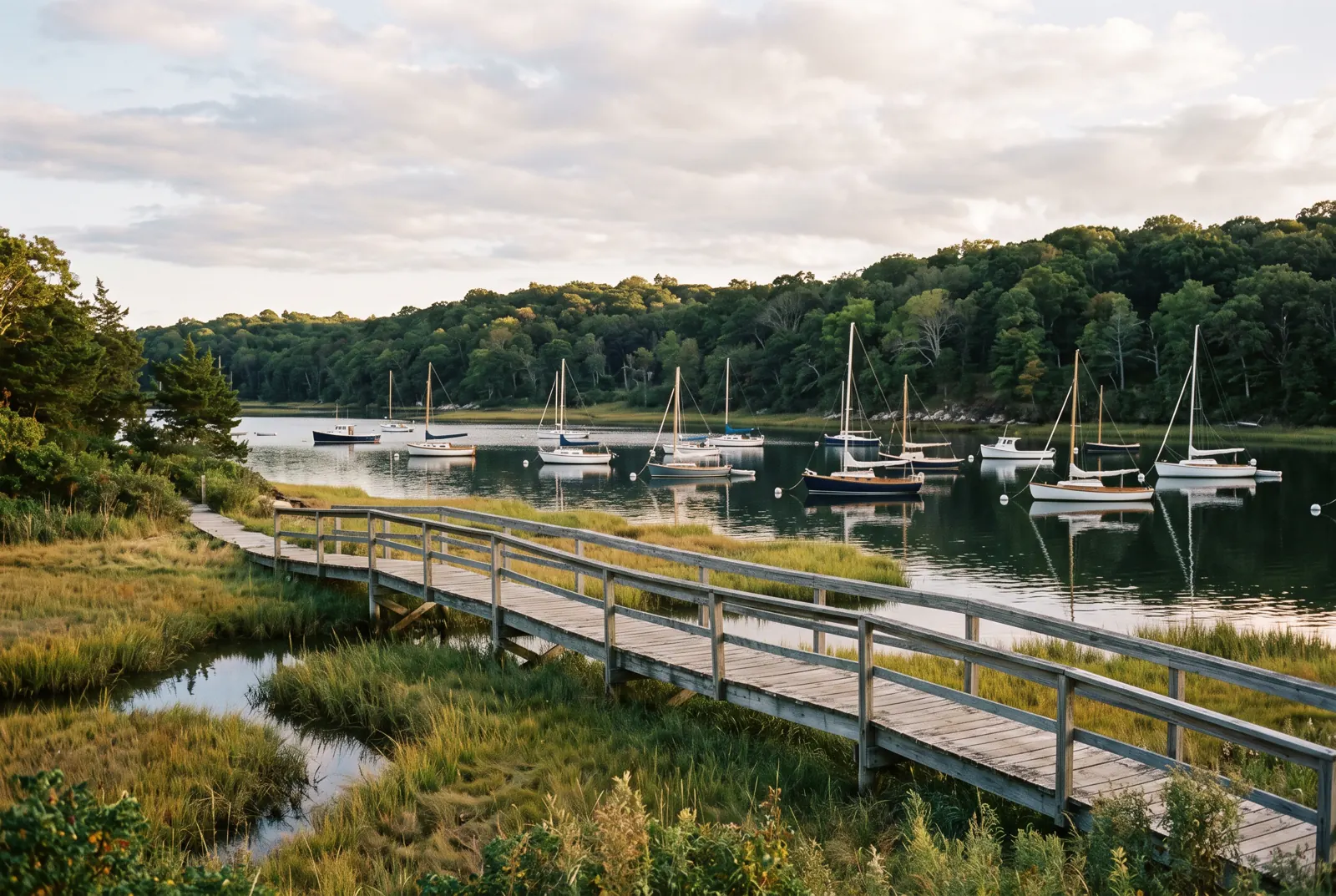 Salt marsh and a wooden footbridge beside a tidal harbor with small sailboats at anchor