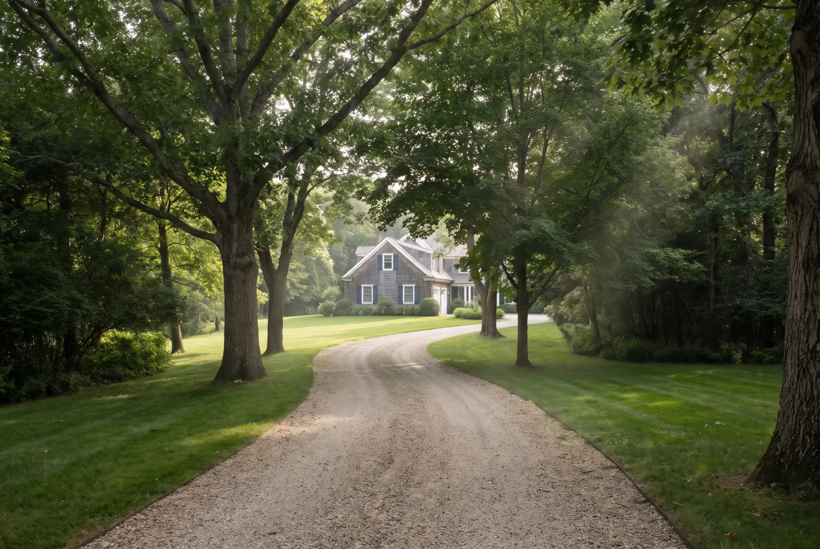 Gravel driveway winding through tall trees toward a shingled country house
