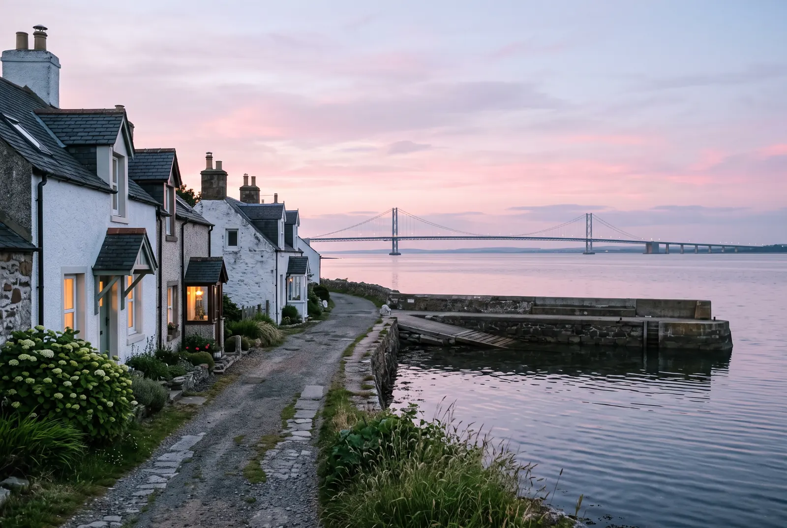 Small houses along a lane ending at a seawall, with a bridge on the horizon at dusk