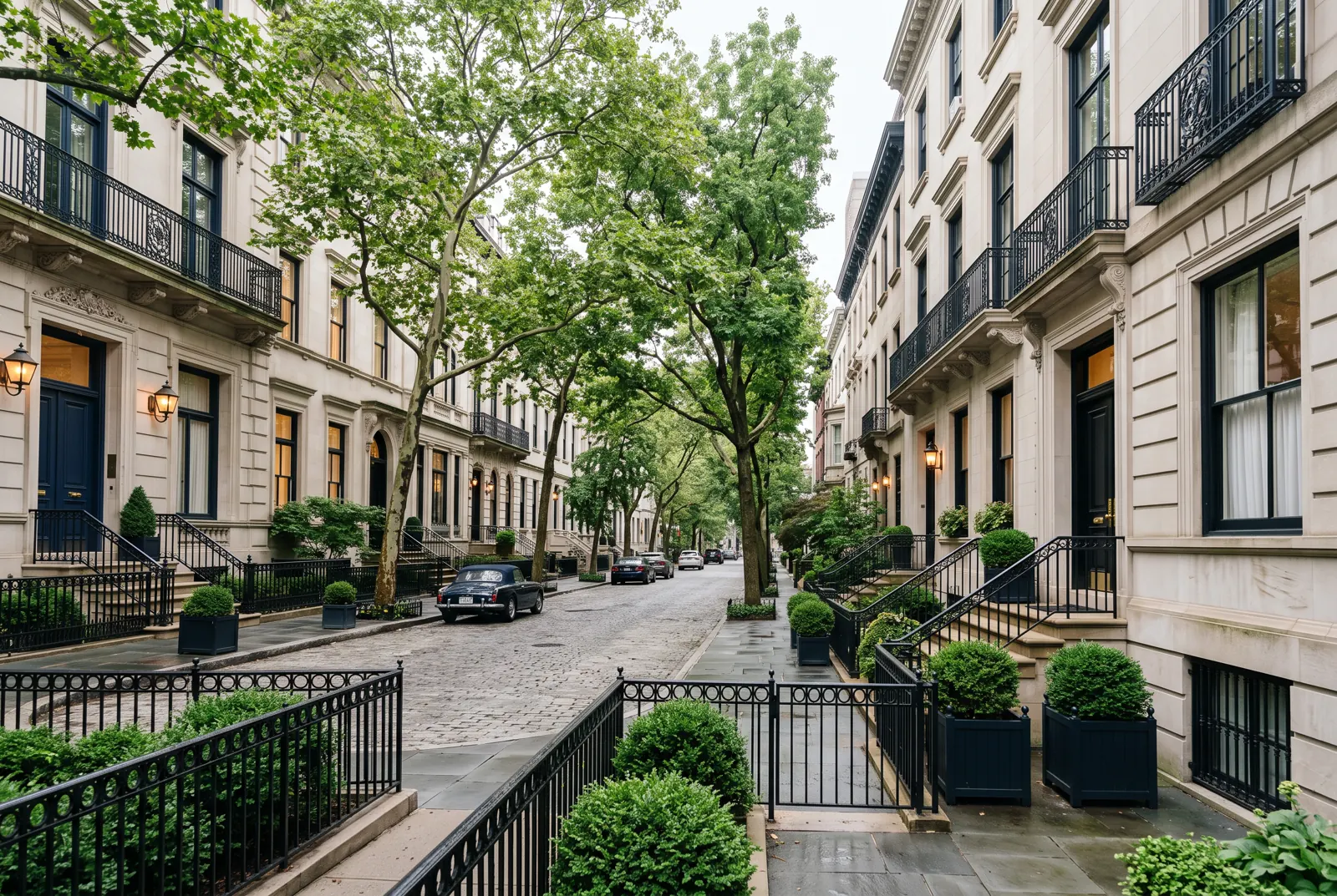 Side street of limestone townhouses with iron railings and mature trees.