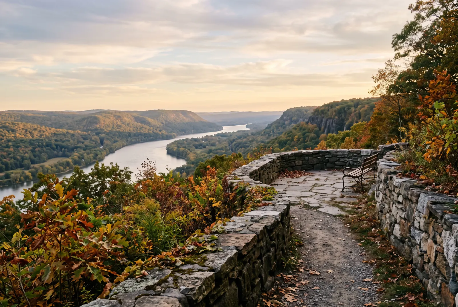Hilltop park terrace with stone walls overlooking a wide river and wooded cliffs at sunset.