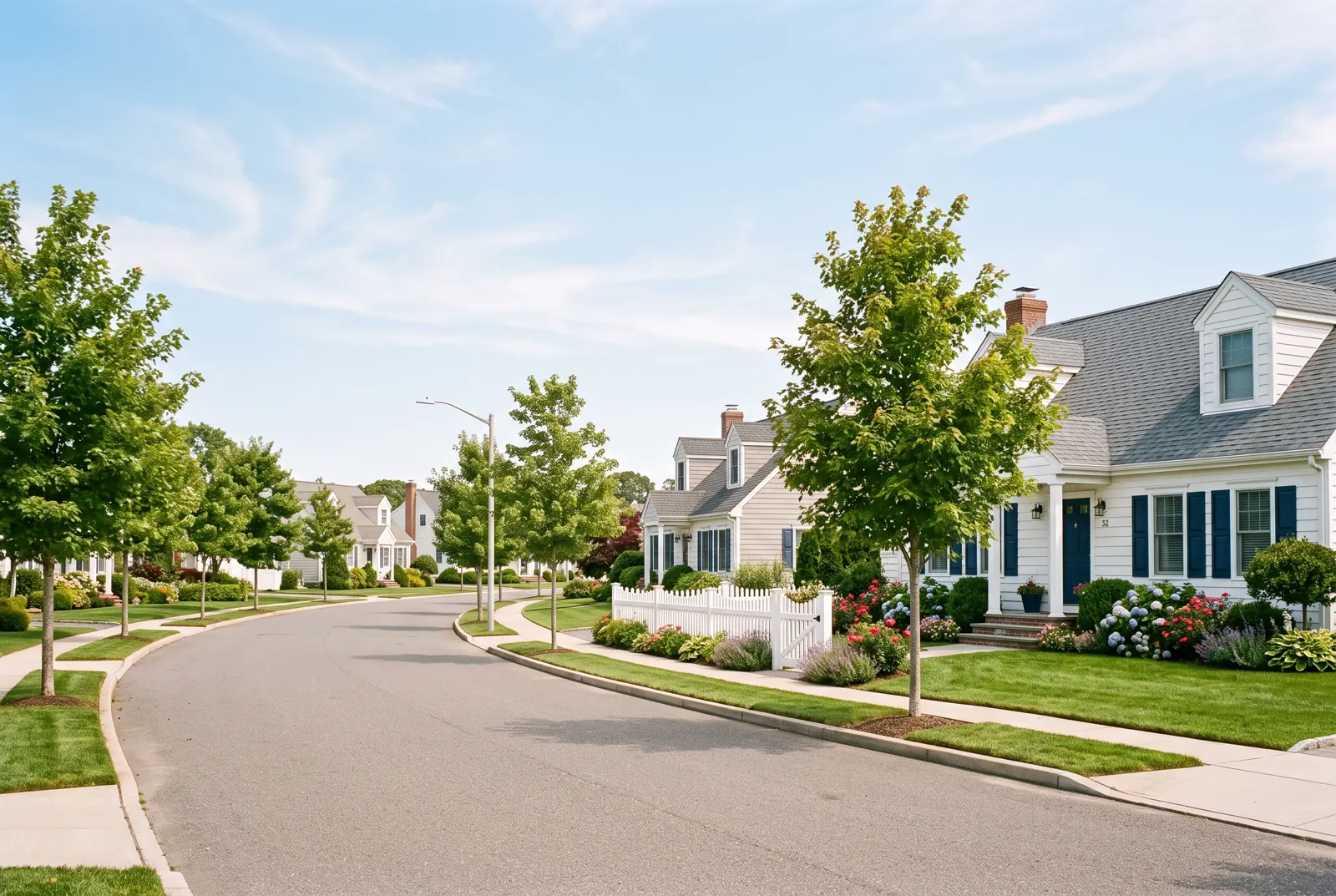 Summer street of small cape-style houses with flower gardens and young shade trees
