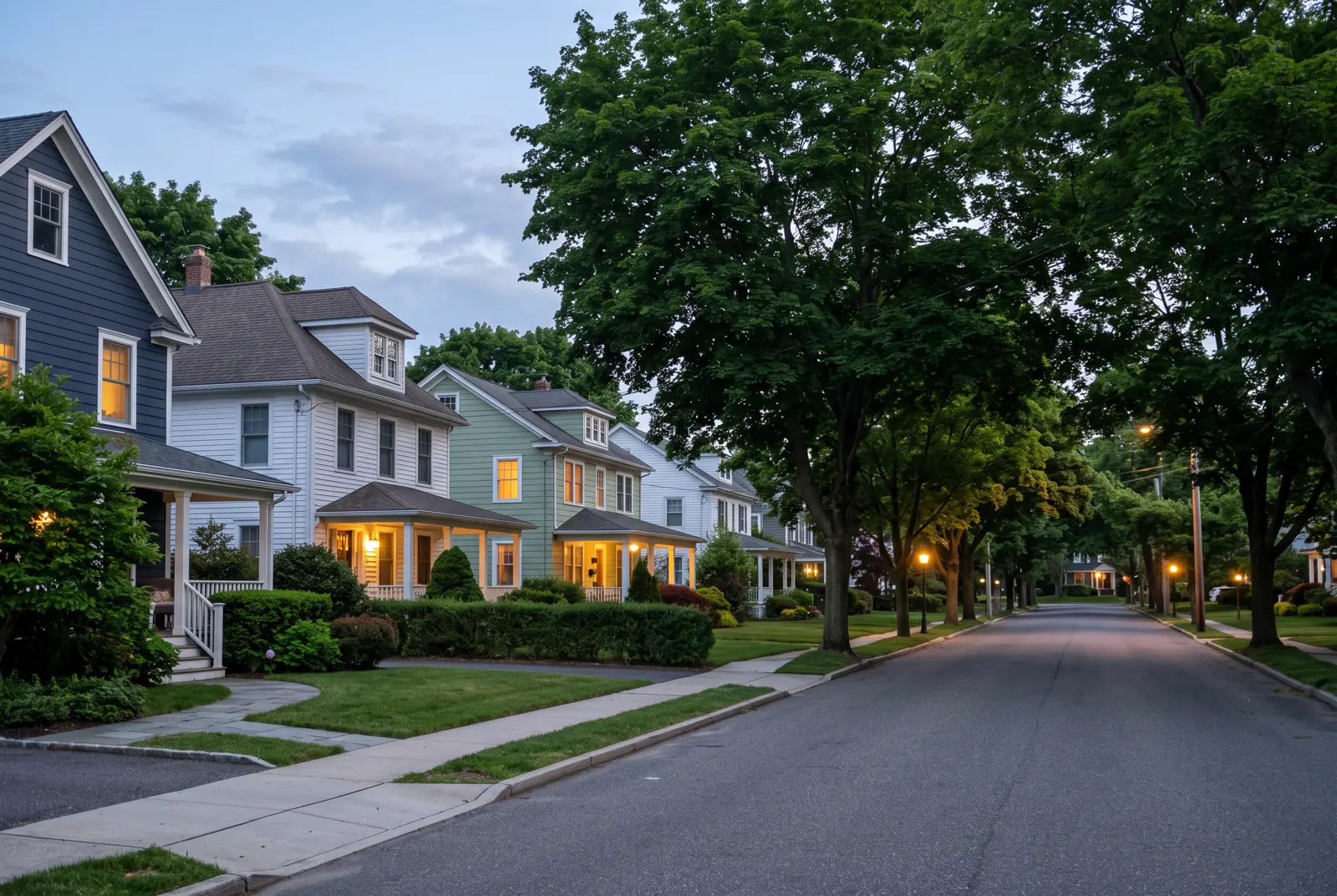 Village main street at dusk with low brick buildings and glowing street lamps