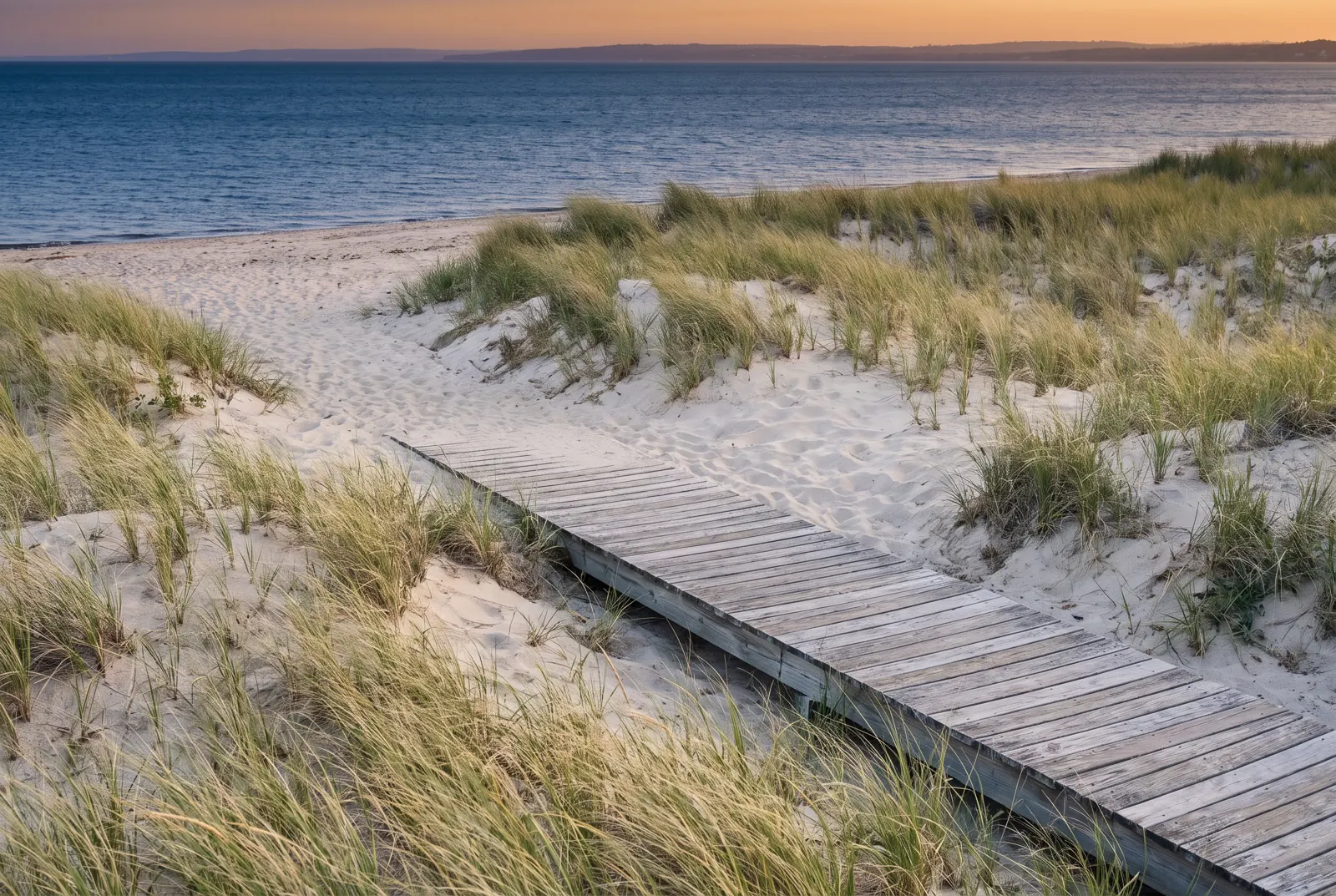 Sandy beach with dune grass and a wooden path at golden hour, calm water stretching to the horizon.