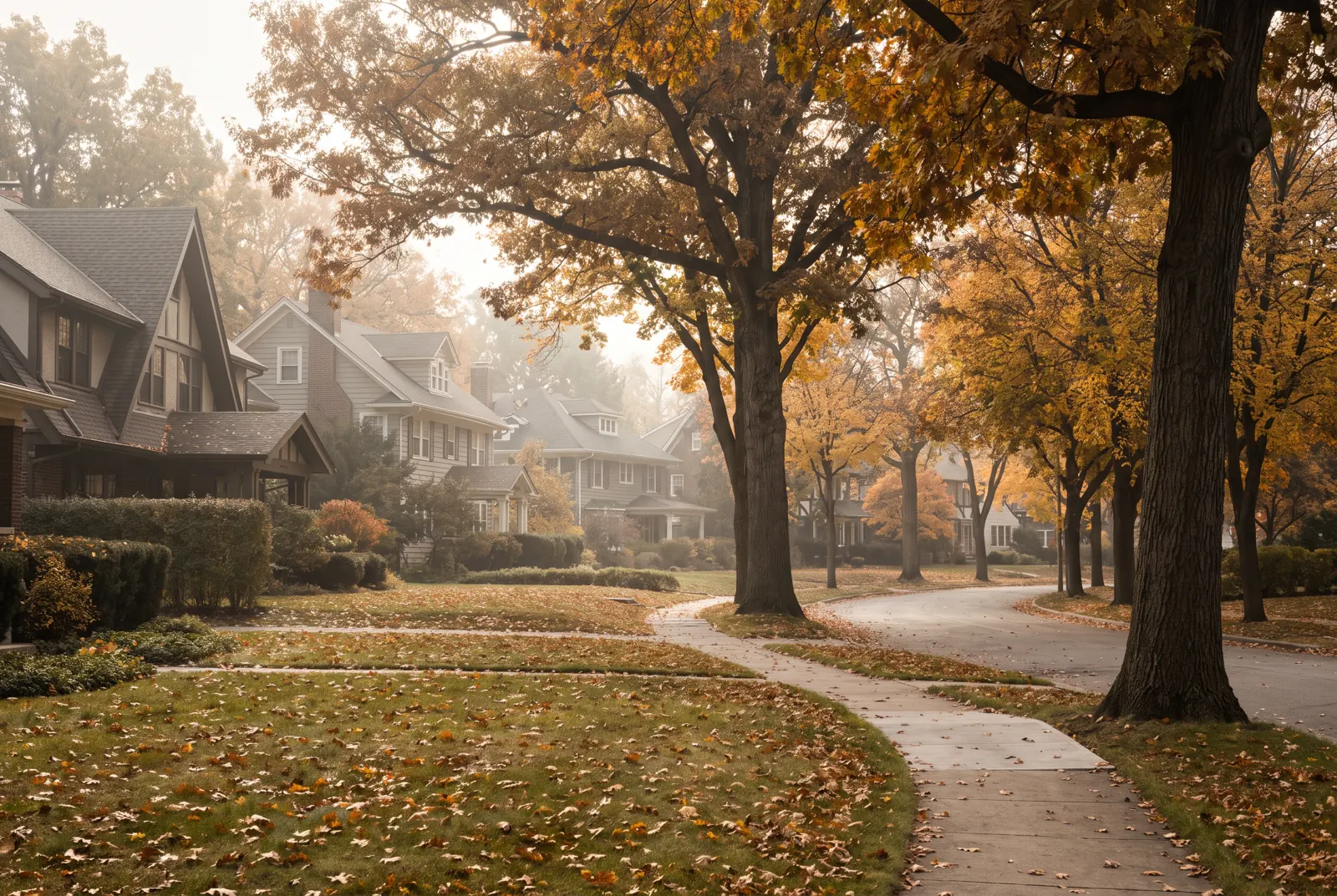 A quiet tree-lined suburban street in autumn with older homes set back behind lawns