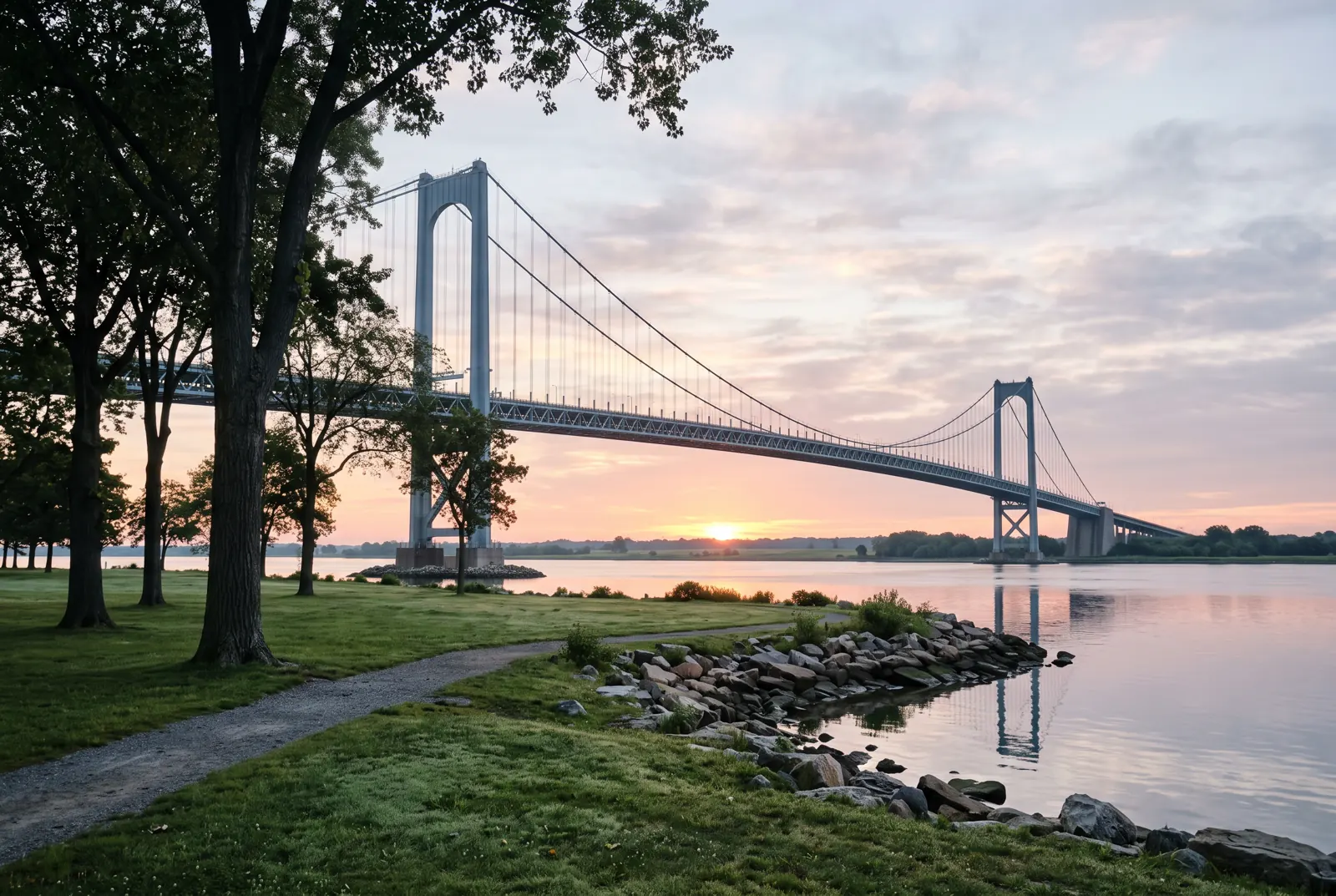 A grassy waterfront park beneath a suspension bridge at sunrise